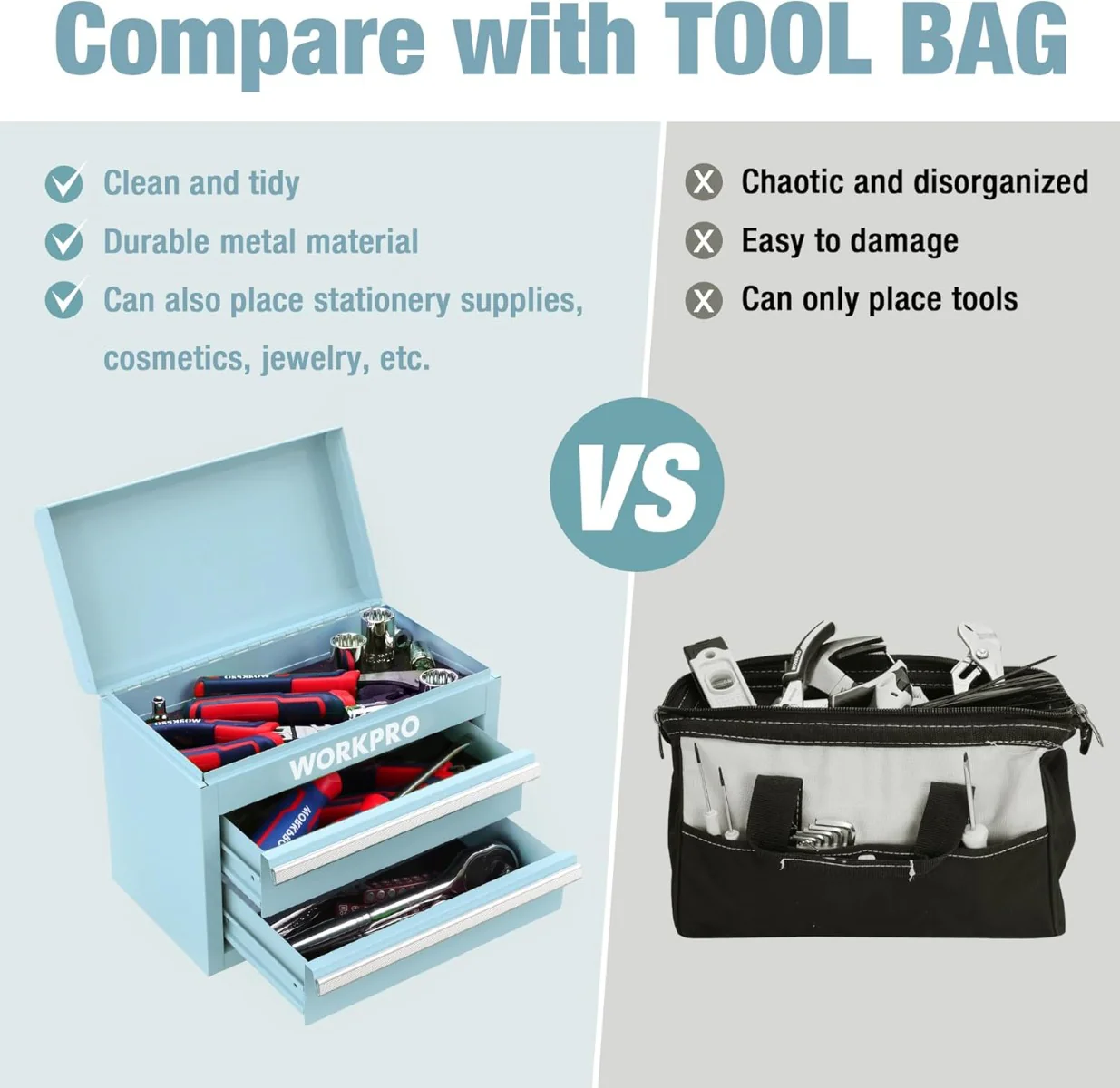 WORKPRO Mini Metal Tool Box with 2 Drawers and Top Storage - Image 9