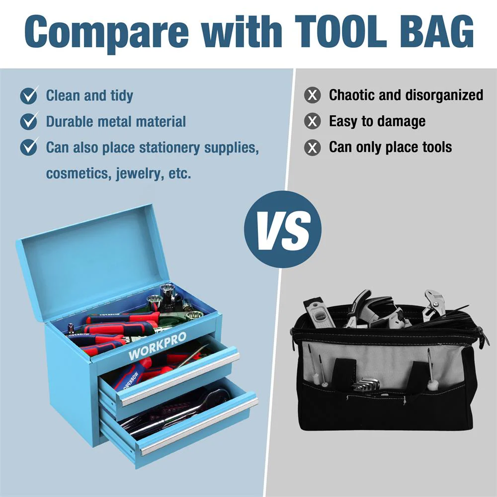 WORKPRO Mini Metal Tool Box with 2 Drawers and Top Storage, Small Tool Chest, Blue - Image 3