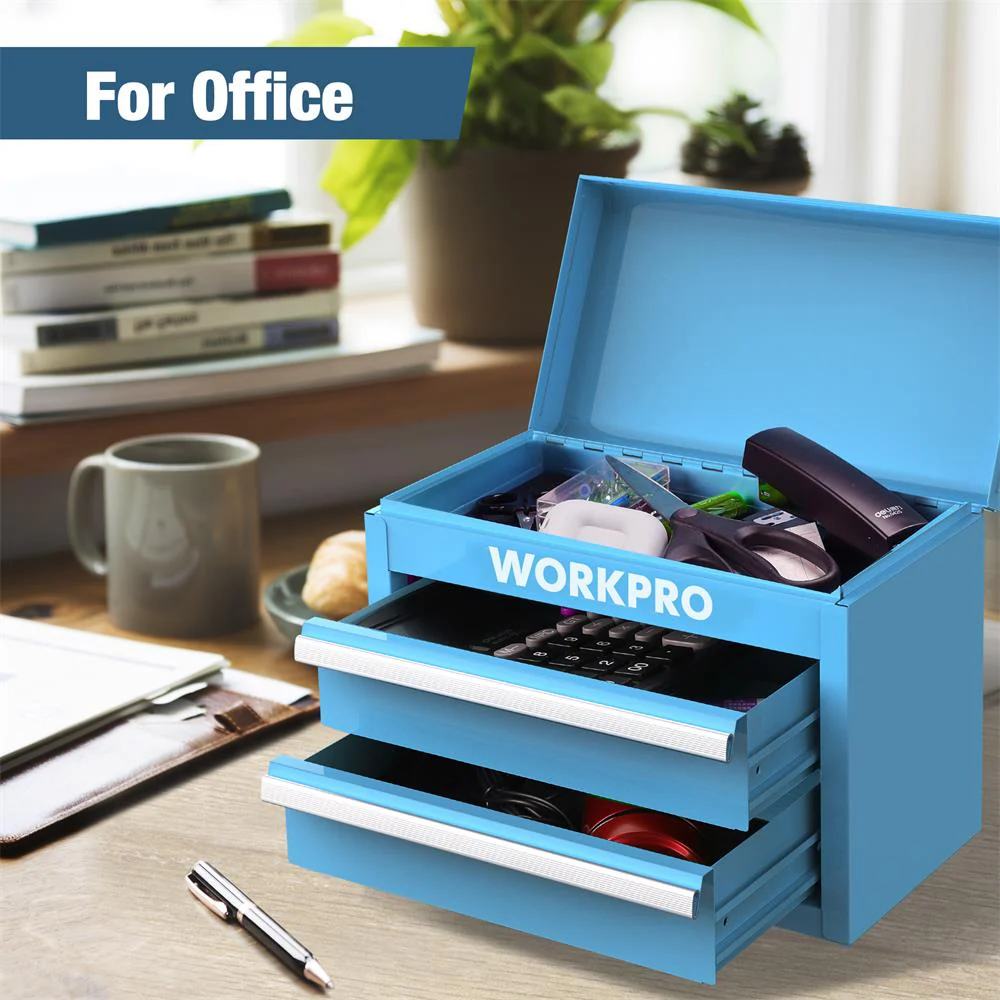 WORKPRO Mini Metal Tool Box with 2 Drawers and Top Storage, Small Tool Chest, Blue - Image 5