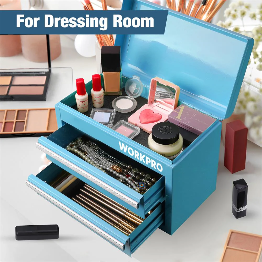 WORKPRO Mini Metal Tool Box with 2 Drawers and Top Storage, Small Tool Chest, Blue - Image 6