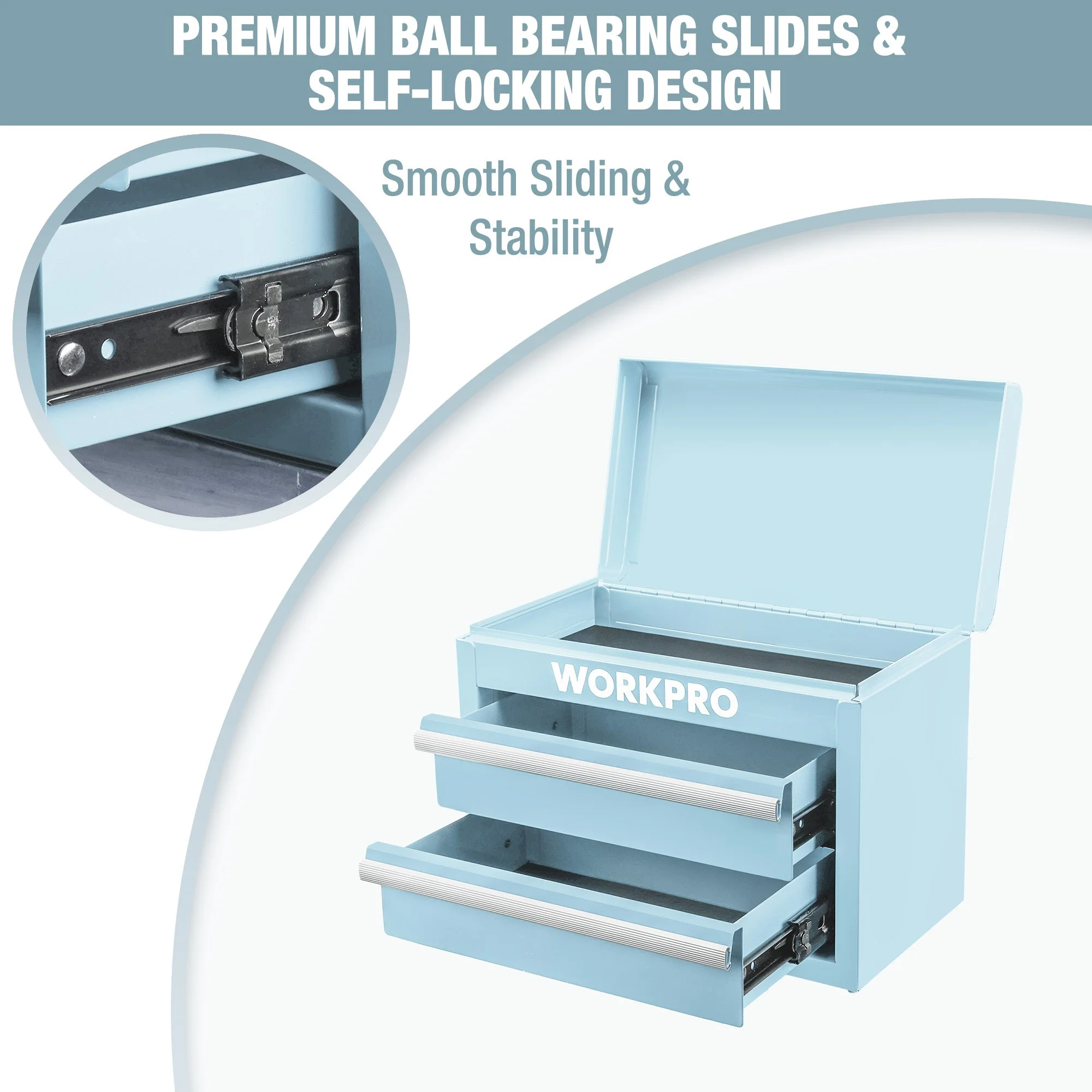 WORKPRO Mini Metal Tool Box with 2 Drawers and Top Storage, Small Tool Chest, Light Blue (upgraded with ball bearing slides) - Image 3
