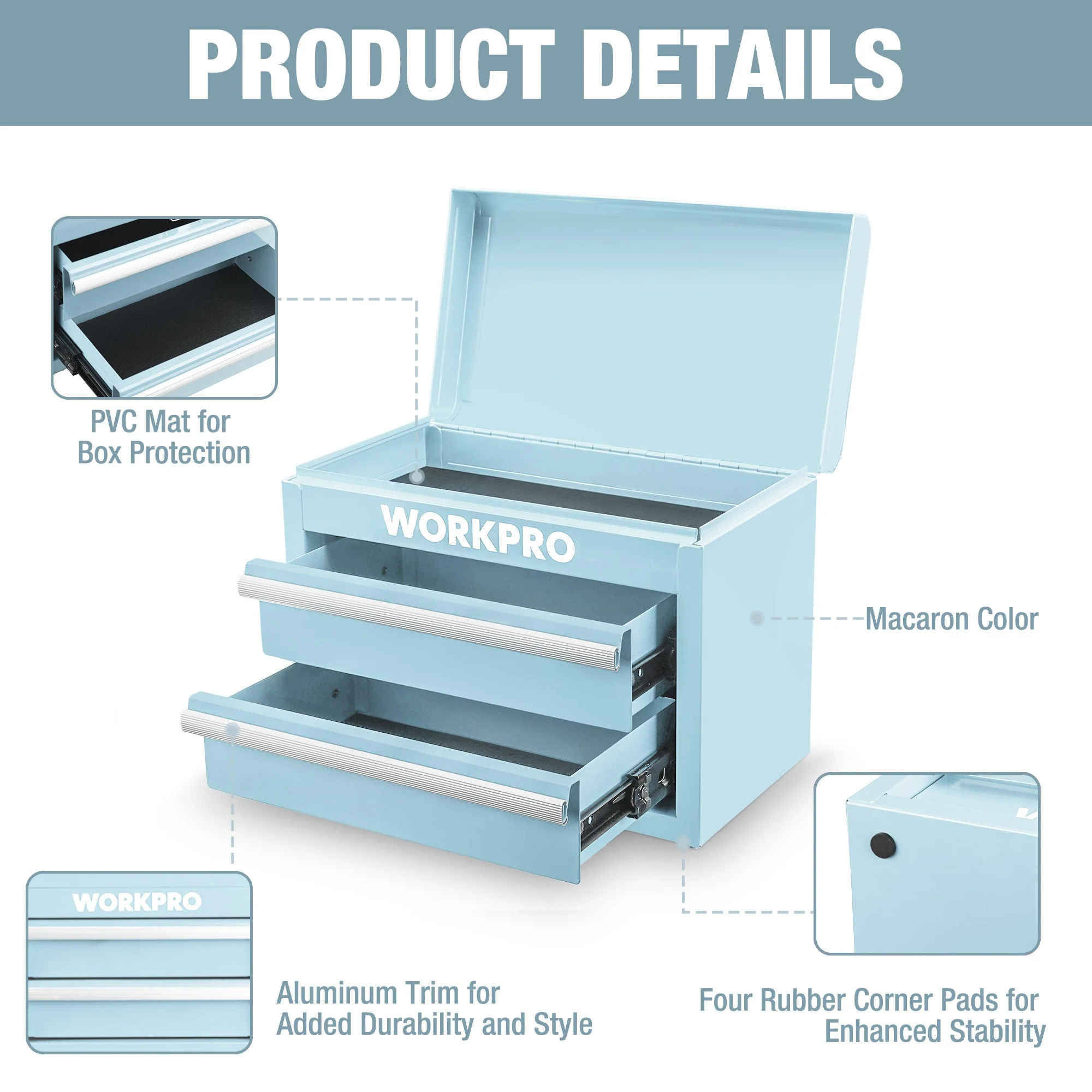 WORKPRO Mini Metal Tool Box with 2 Drawers and Top Storage, Small Tool Chest, Light Blue (upgraded with ball bearing slides) - Image 4