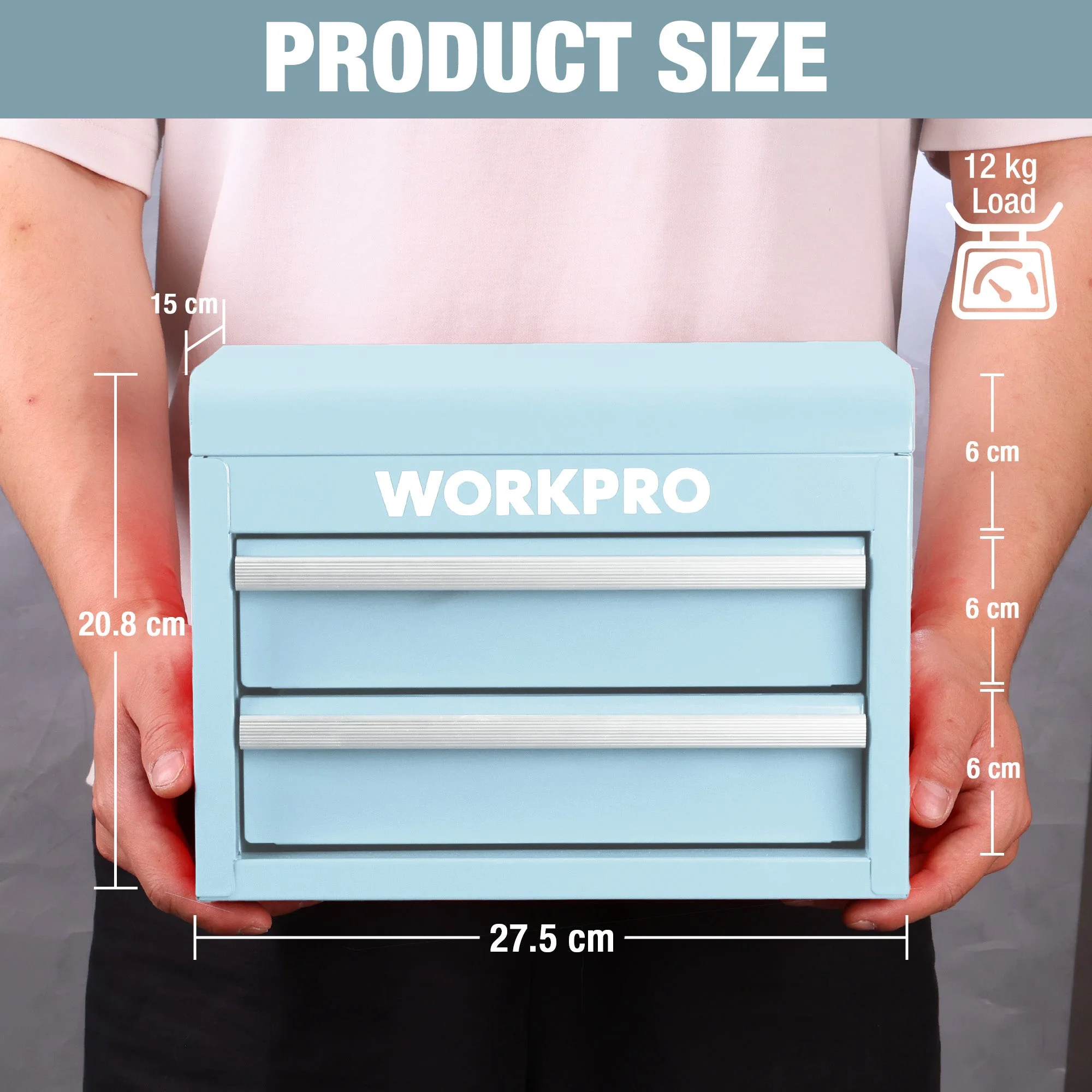 WORKPRO Mini Metal Tool Box with 2 Drawers and Top Storage, Small Tool Chest, Light Blue (upgraded with ball bearing slides) - Image 6
