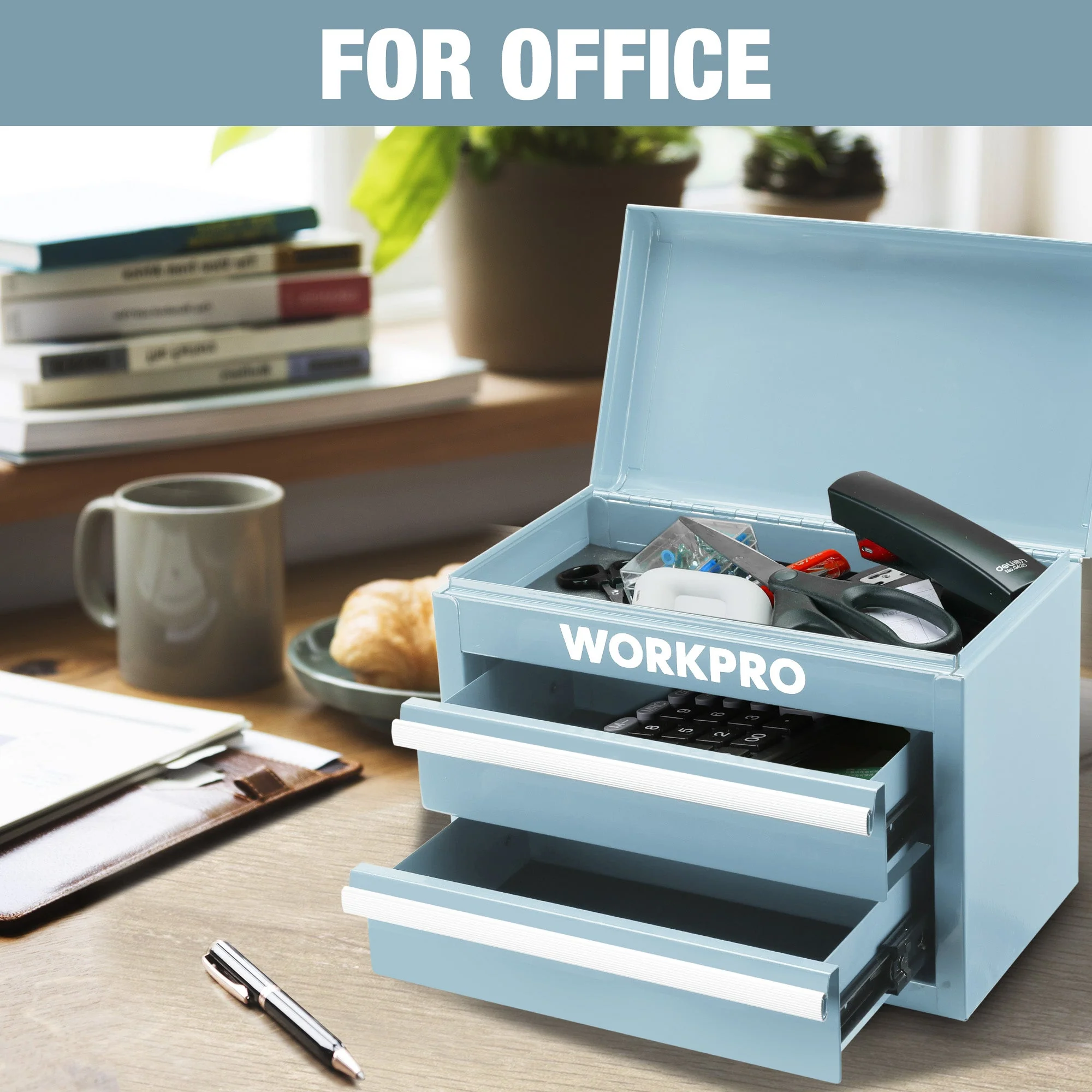 WORKPRO Mini Metal Tool Box with 2 Drawers and Top Storage, Small Tool Chest, Light Blue (upgraded with ball bearing slides) - Image 7