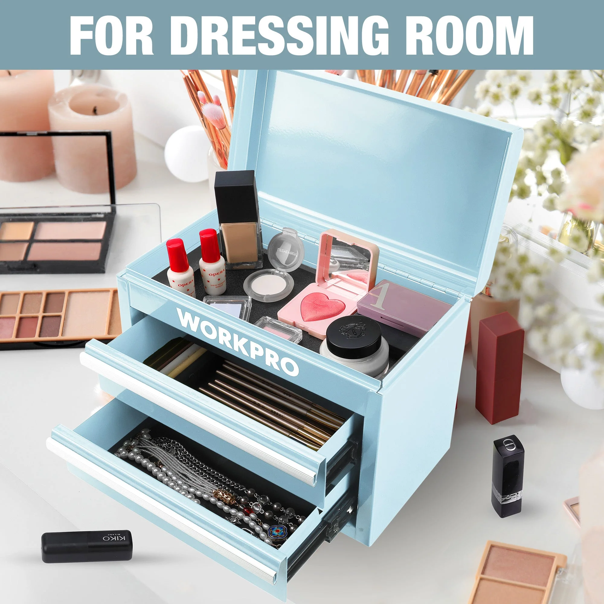 WORKPRO Mini Metal Tool Box with 2 Drawers and Top Storage, Small Tool Chest, Light Blue (upgraded with ball bearing slides) - Image 8