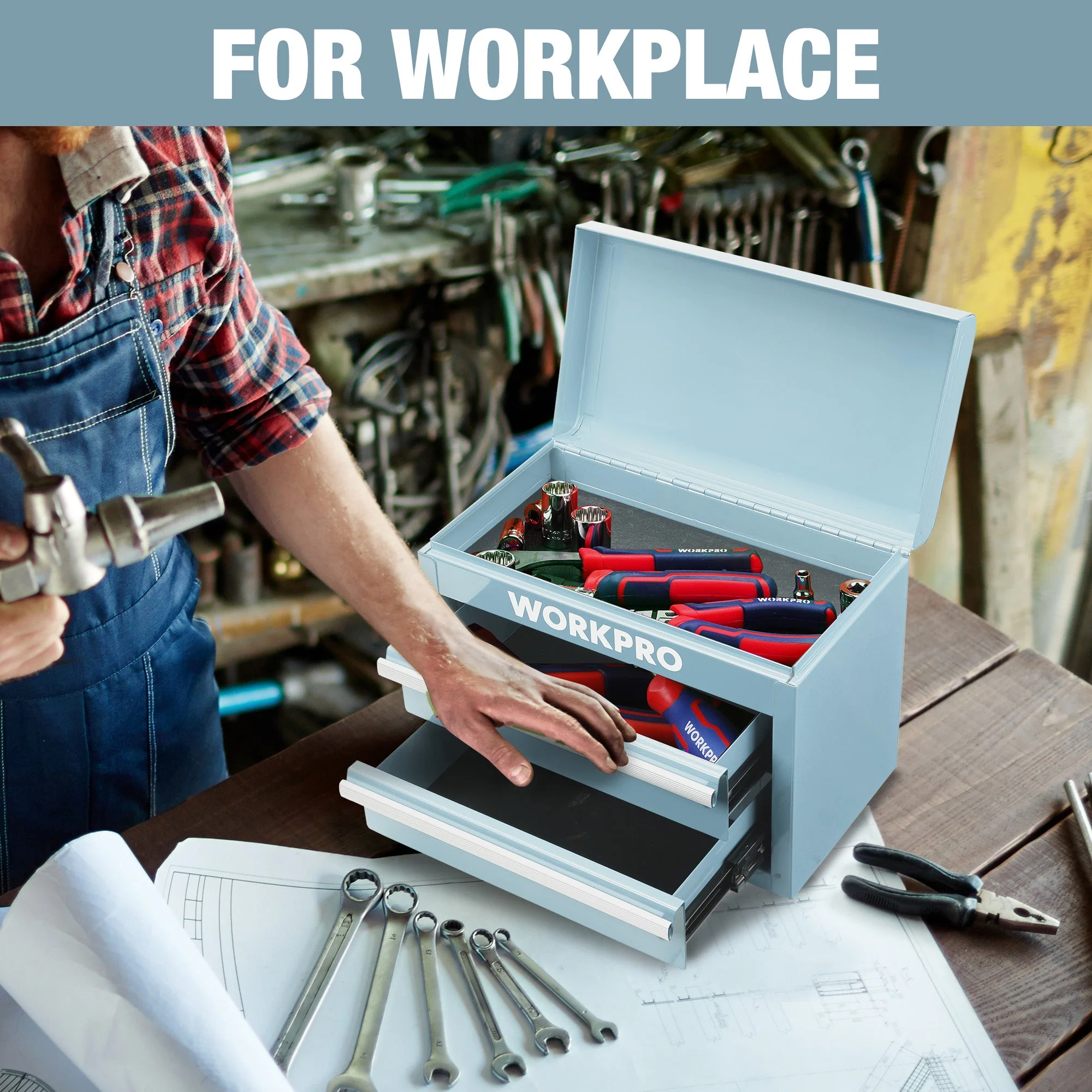 WORKPRO Mini Metal Tool Box with 2 Drawers and Top Storage, Small Tool Chest, Light Blue (upgraded with ball bearing slides) - Image 9