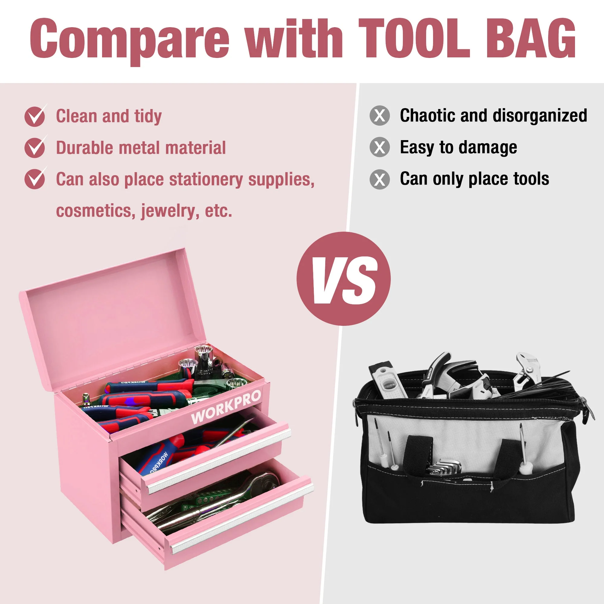 WORKPRO Mini Metal Tool Box with 2 Drawers and Top Storage, Small Tool Chest, Pink - Image 3