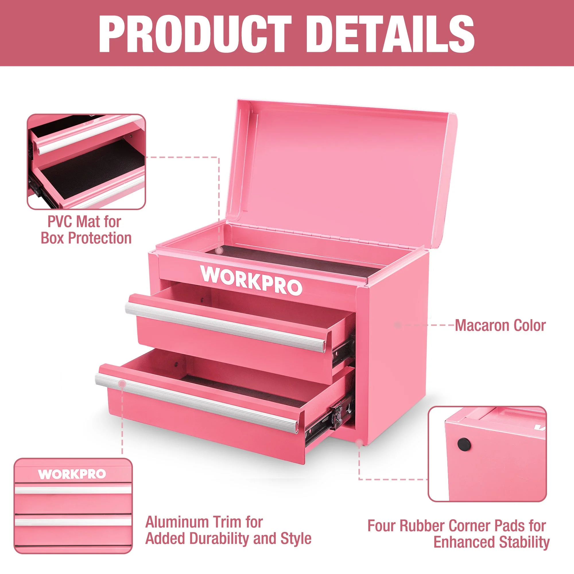 WORKPRO Mini Metal Tool Box with 2 Drawers and Top Storage, Small Tool Chest, Pink (upgraded with Ball Bearing Slides) - Image 2