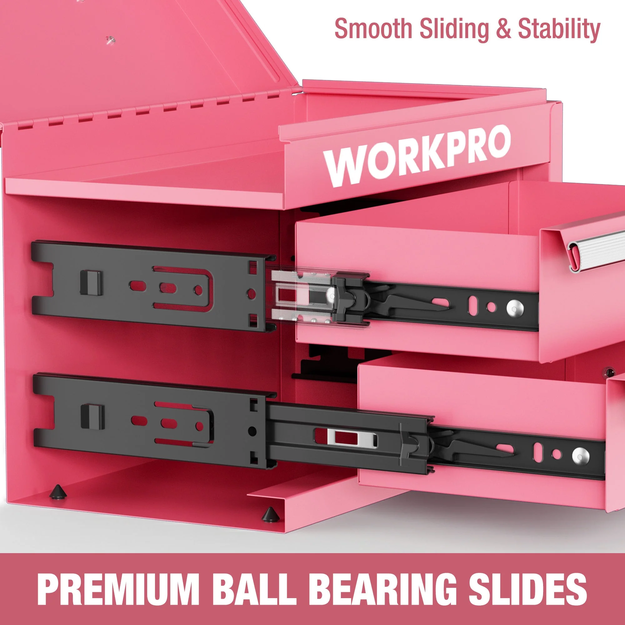 WORKPRO Mini Metal Tool Box with 2 Drawers and Top Storage, Small Tool Chest, Pink (upgraded with Ball Bearing Slides) - Image 3