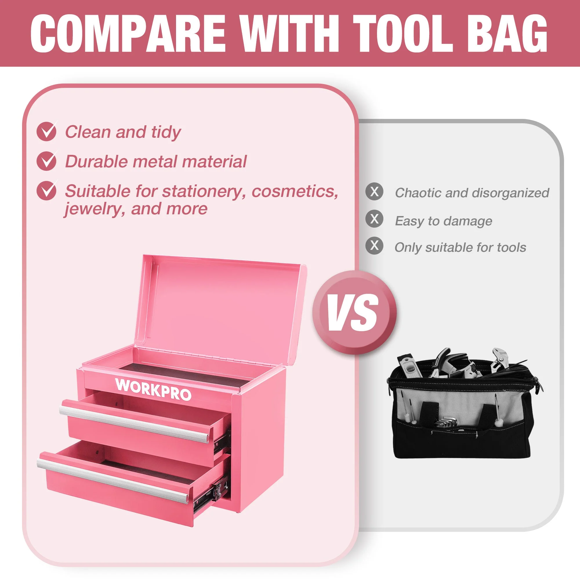 WORKPRO Mini Metal Tool Box with 2 Drawers and Top Storage, Small Tool Chest, Pink (upgraded with Ball Bearing Slides) - Image 4