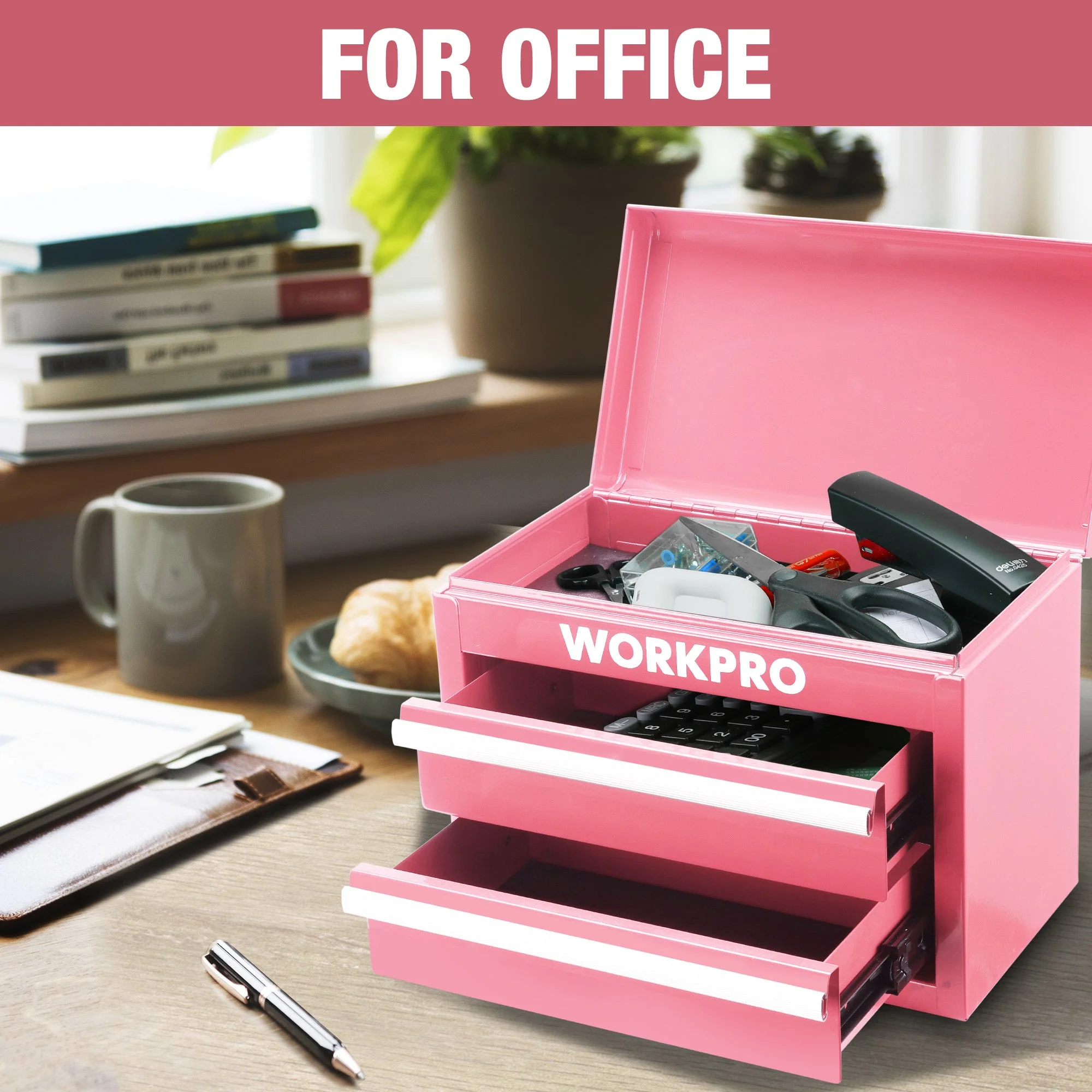 WORKPRO Mini Metal Tool Box with 2 Drawers and Top Storage, Small Tool Chest, Pink (upgraded with Ball Bearing Slides) - Image 6