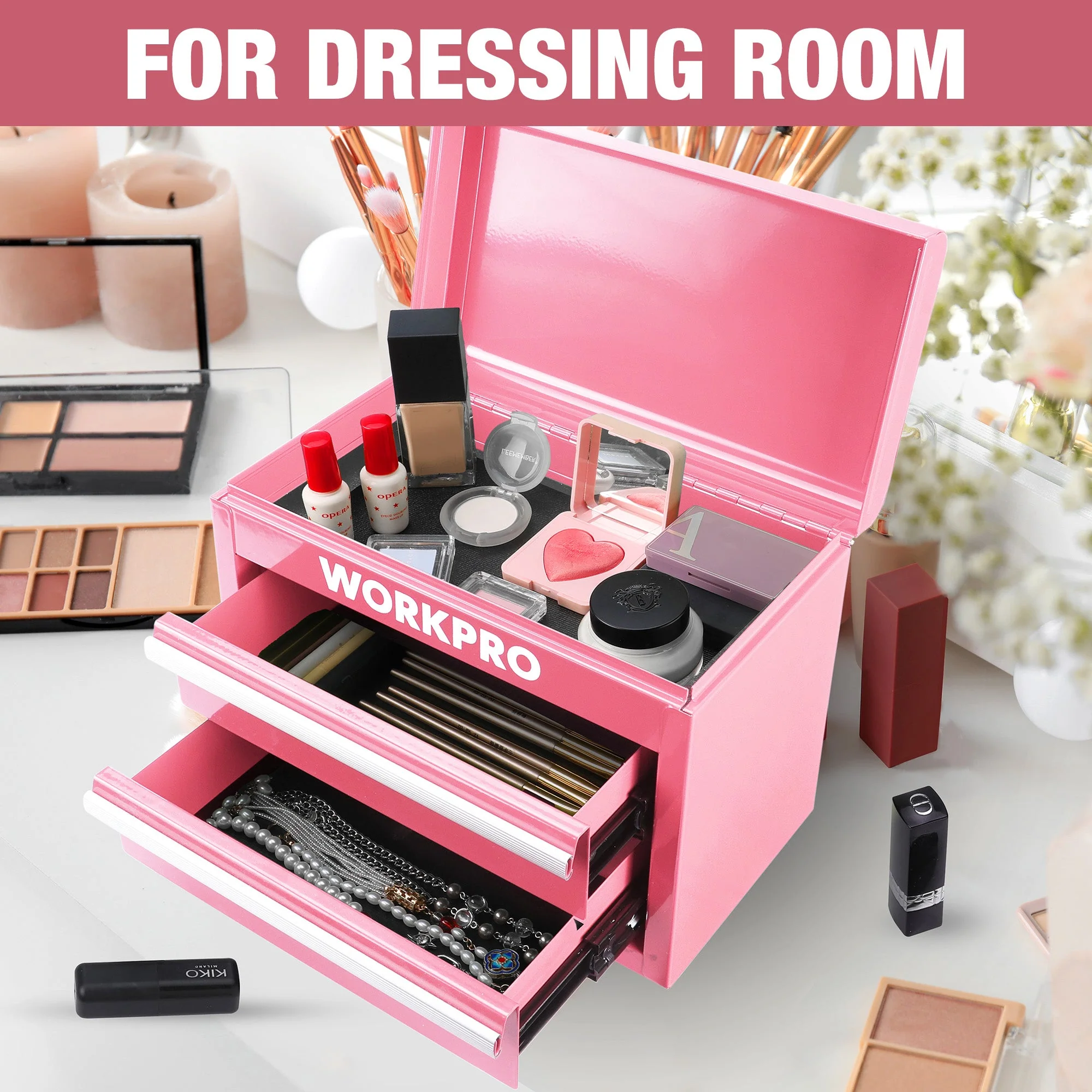WORKPRO Mini Metal Tool Box with 2 Drawers and Top Storage, Small Tool Chest, Pink (upgraded with Ball Bearing Slides) - Image 8