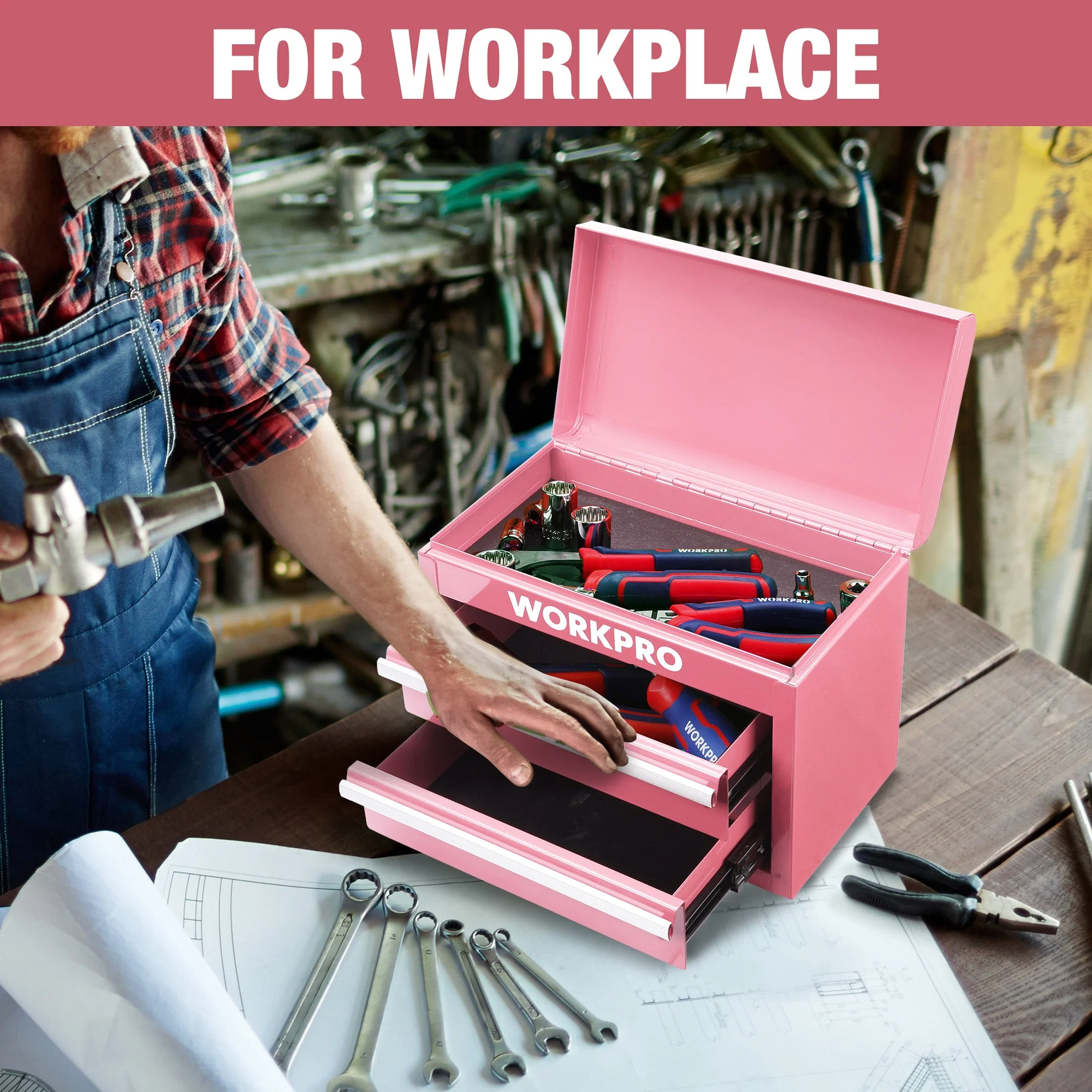WORKPRO Mini Metal Tool Box with 2 Drawers and Top Storage, Small Tool Chest, Pink (upgraded with Ball Bearing Slides) - Image 9