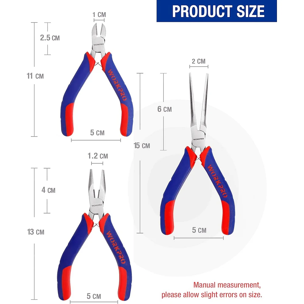 WORKPRO Mini Pliers Set, 3-Piece Small Pliers Tool Kit Includes 4” Diagonal Plier, 5” Long Nose Plier, 6” Needle Nose Plier, for Making Crafts, Repairing Electronic Devices - Image 3