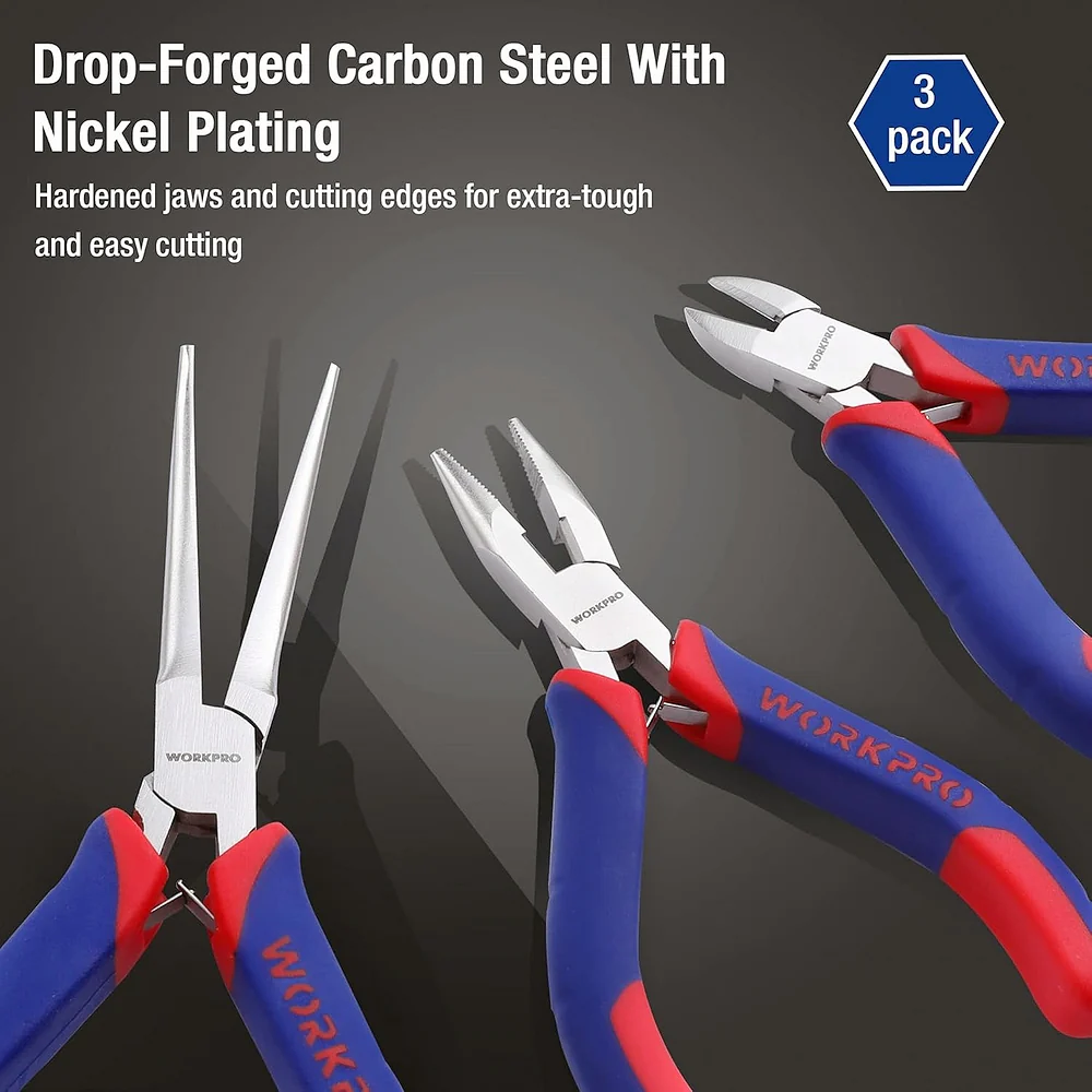 WORKPRO Mini Pliers Set, 3-Piece Small Pliers Tool Kit Includes 4” Diagonal Plier, 5” Long Nose Plier, 6” Needle Nose Plier, for Making Crafts, Repairing Electronic Devices - Image 5