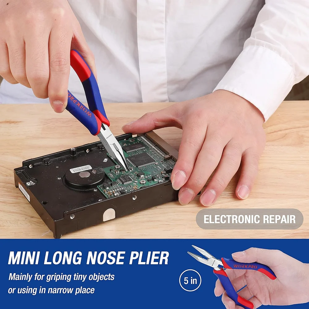 WORKPRO Mini Pliers Set, 3-Piece Small Pliers Tool Kit Includes 4” Diagonal Plier, 5” Long Nose Plier, 6” Needle Nose Plier, for Making Crafts, Repairing Electronic Devices - Image 8