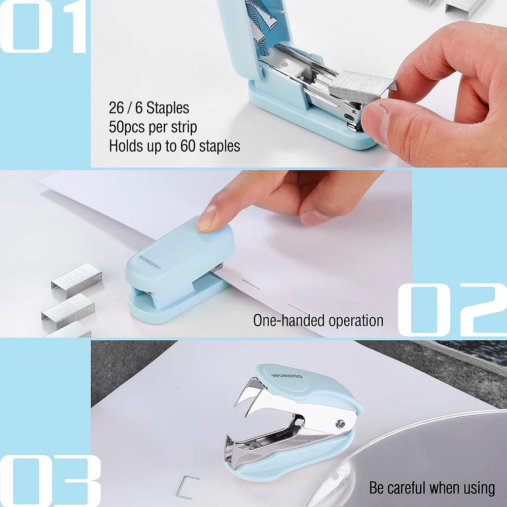 WORKPRO Mini Stapler with Staples, Blue Stapler Set Includes Two Small Staplers, One Staple Remover, 2000 Standard Staples, Lock Design, Non-Slip Base - Staplers for Desk, Classroom, Office - Image 7