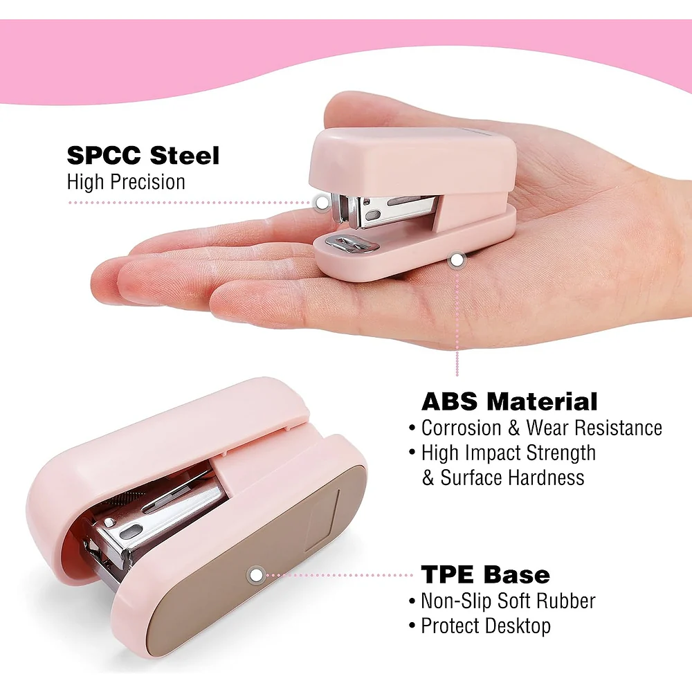 WORKPRO Mini Stapler with Staples, Pink Stapler Set Includes Two Small Staplers, One Staple Remover, 2000 Standard Staples - Cute Staplers for Desk with Non-Slip Base, Lock Design - Pink Ribbon - Image 3