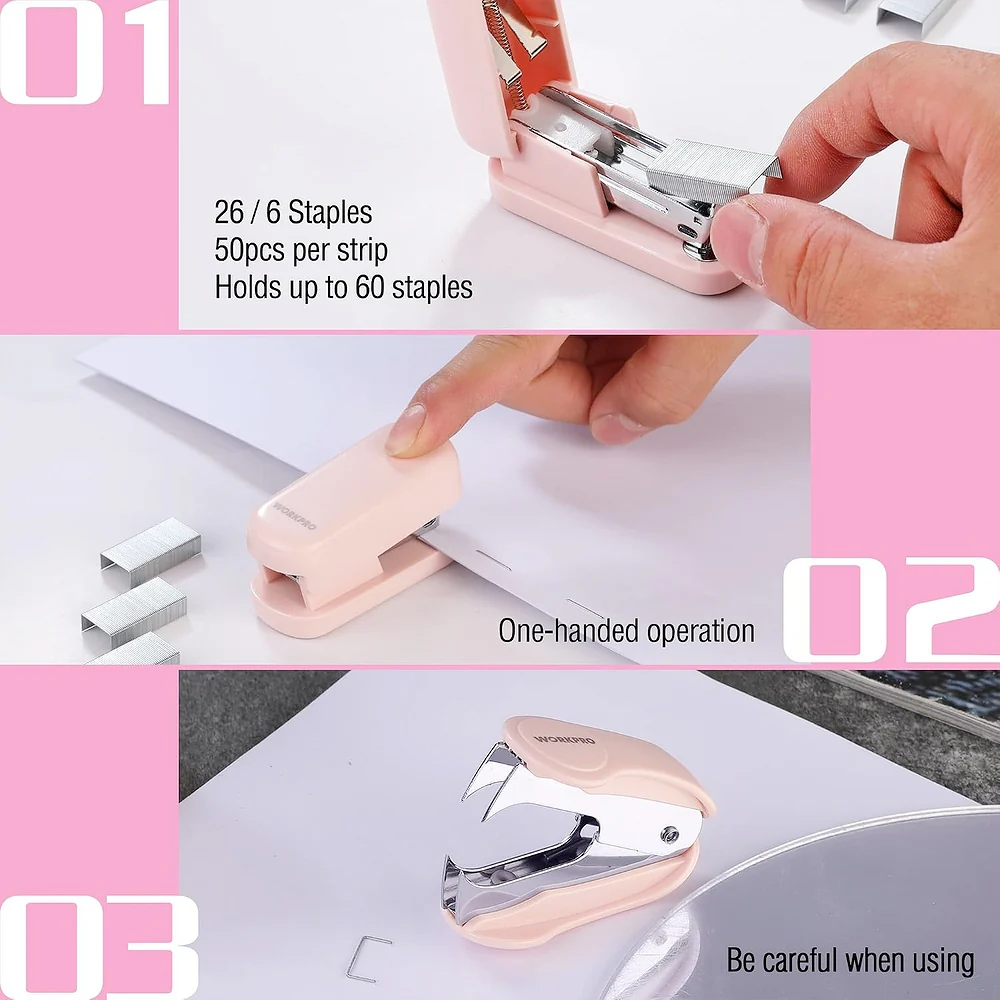 WORKPRO Mini Stapler with Staples, Pink Stapler Set Includes Two Small Staplers, One Staple Remover, 2000 Standard Staples - Cute Staplers for Desk with Non-Slip Base, Lock Design - Pink Ribbon - Image 5