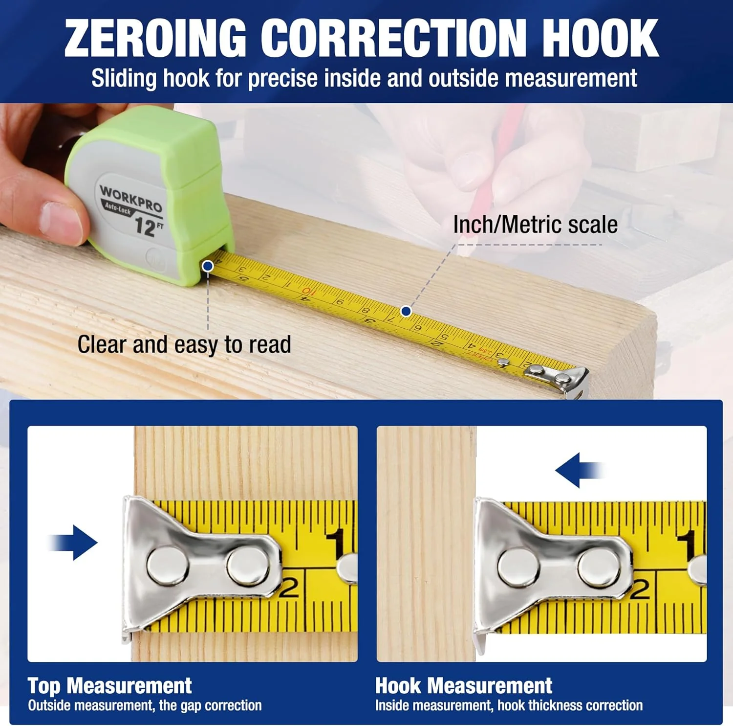 WORKPRO Mini Tape Measure, 3 Pcs 12FT Auto-Lock Easy Reading Tape Measurement, Inch/Metric Scale Pocket Size Small Tape Measure for Engineer, Portable, Lightweight, ABS Protective Casing - Image 3
