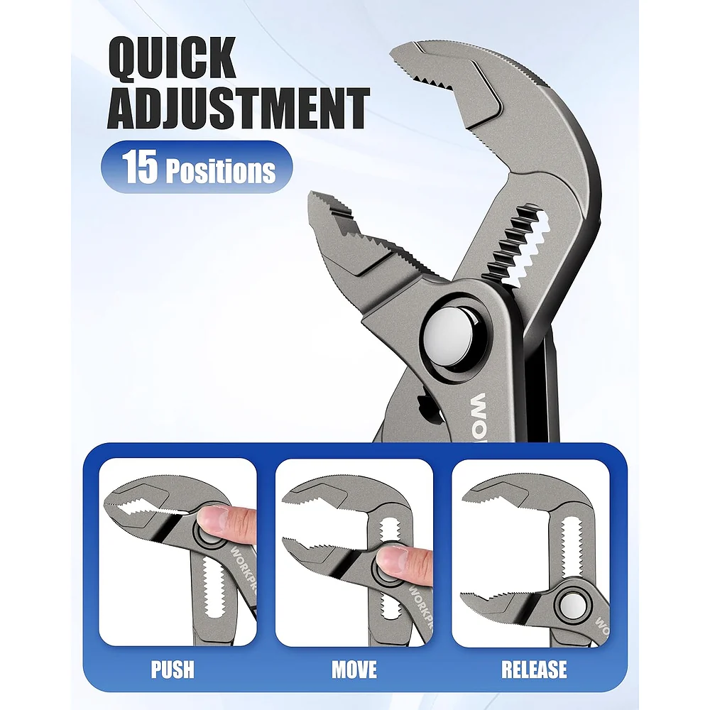 WORKPRO Mini Water Pump Pliers, 4-Inch Groove Joint Pliers, Fast Adjustable Tongue and Groove Plier with 15-Position Push-Lock, V-Jaw for Multi-Surface Grip, EDC Plier for Tight Spaces & Versatile Use - Image 4