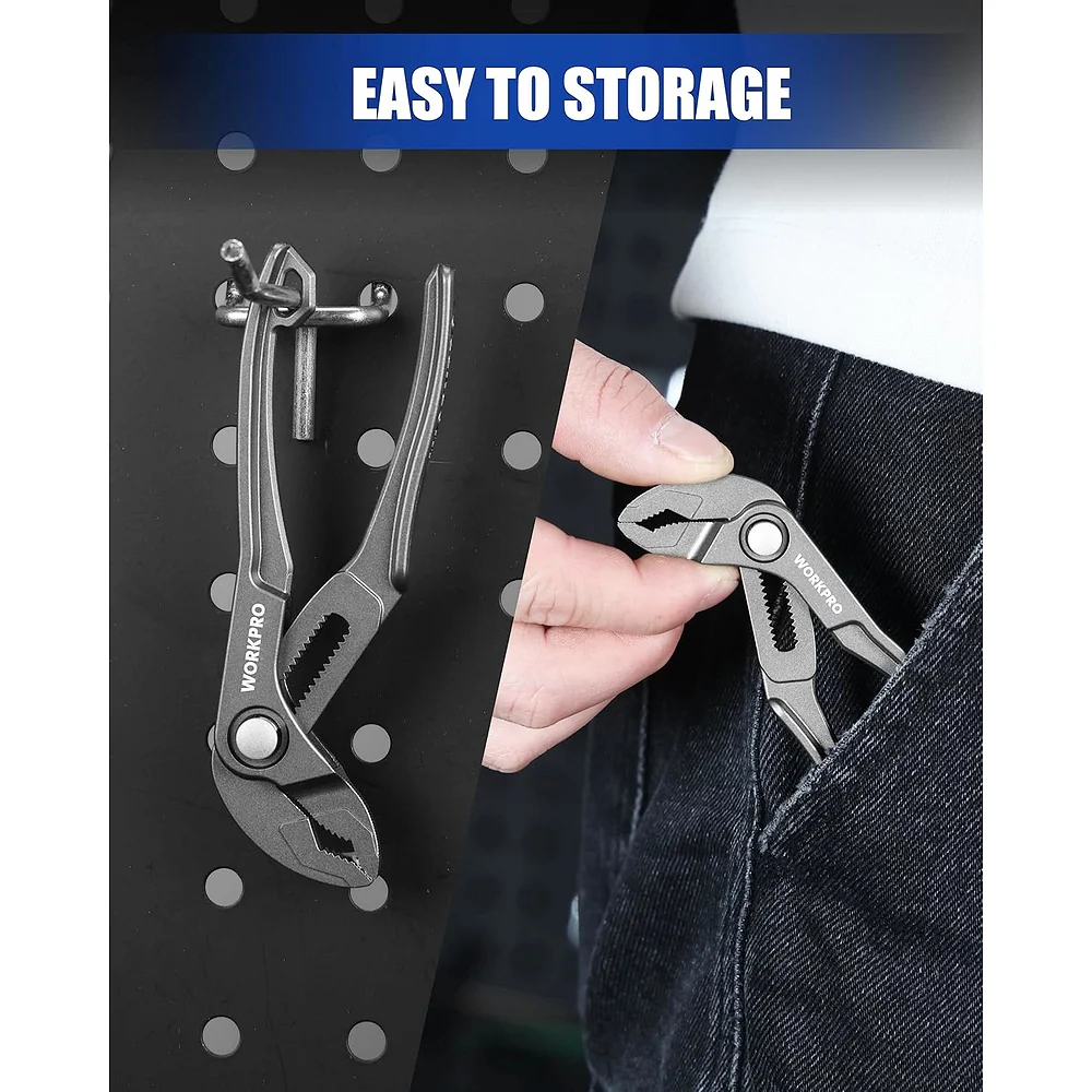 WORKPRO Mini Water Pump Pliers, 4-Inch Groove Joint Pliers, Fast Adjustable Tongue and Groove Plier with 15-Position Push-Lock, V-Jaw for Multi-Surface Grip, EDC Plier for Tight Spaces & Versatile Use - Image 6
