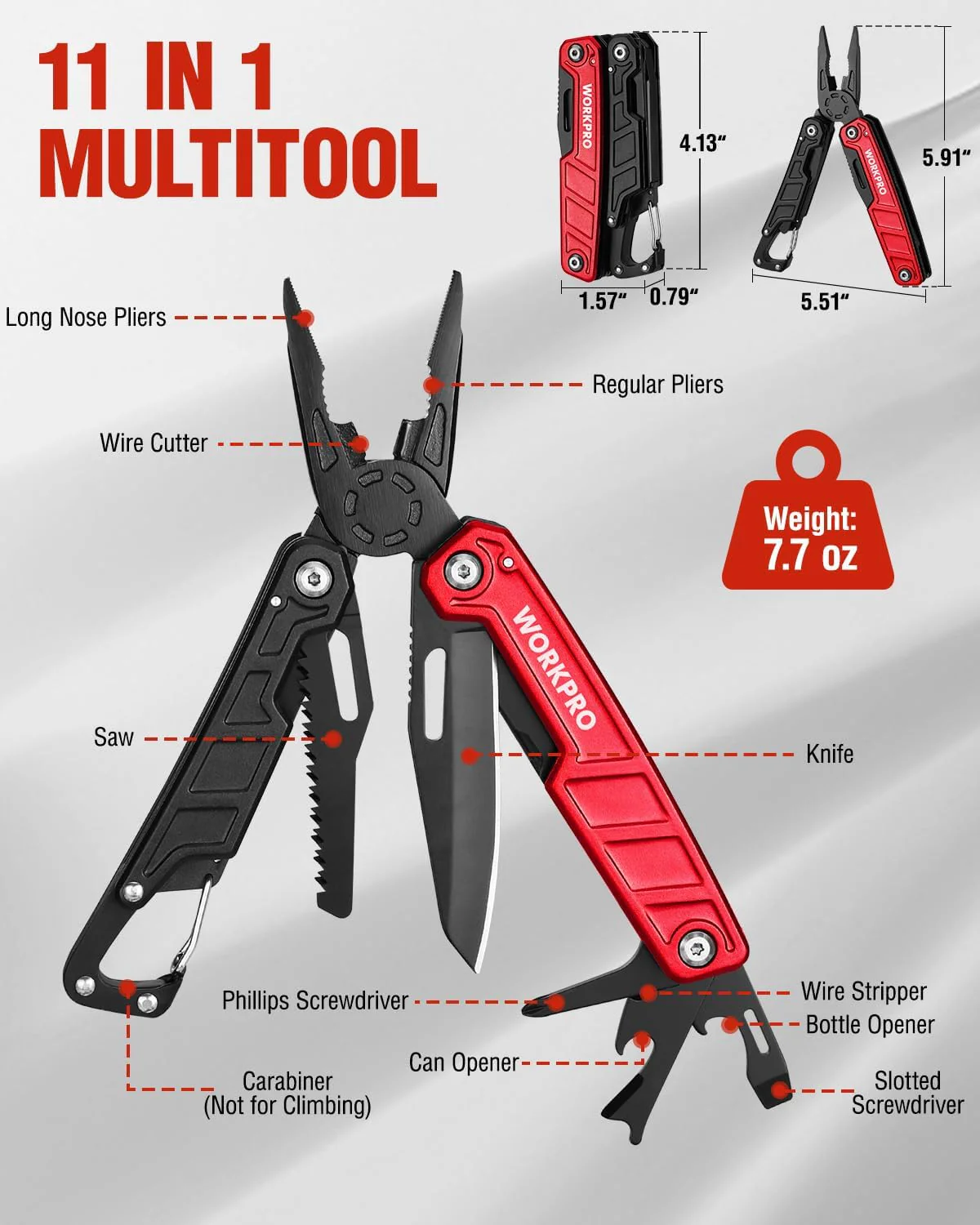 WORKPRO Multitool-11 in 1 Multitool Pliers with Pocket Clip and Sheath-EDC Multi Tool Knives with Safety Lock-Camping Tools Pocket Knife with Screwdriver Saw Blade Wire Cutter and Bottle Opener-Red - Image 2