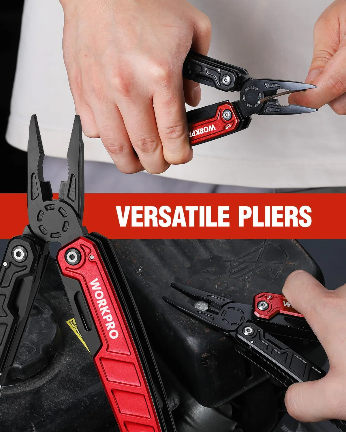 WORKPRO Multitool-11 in 1 Multitool Pliers with Pocket Clip and Sheath-EDC Multi Tool Knives with Safety Lock-Camping Tools Pocket Knife with Screwdriver Saw Blade Wire Cutter and Bottle Opener-Red - Image 6