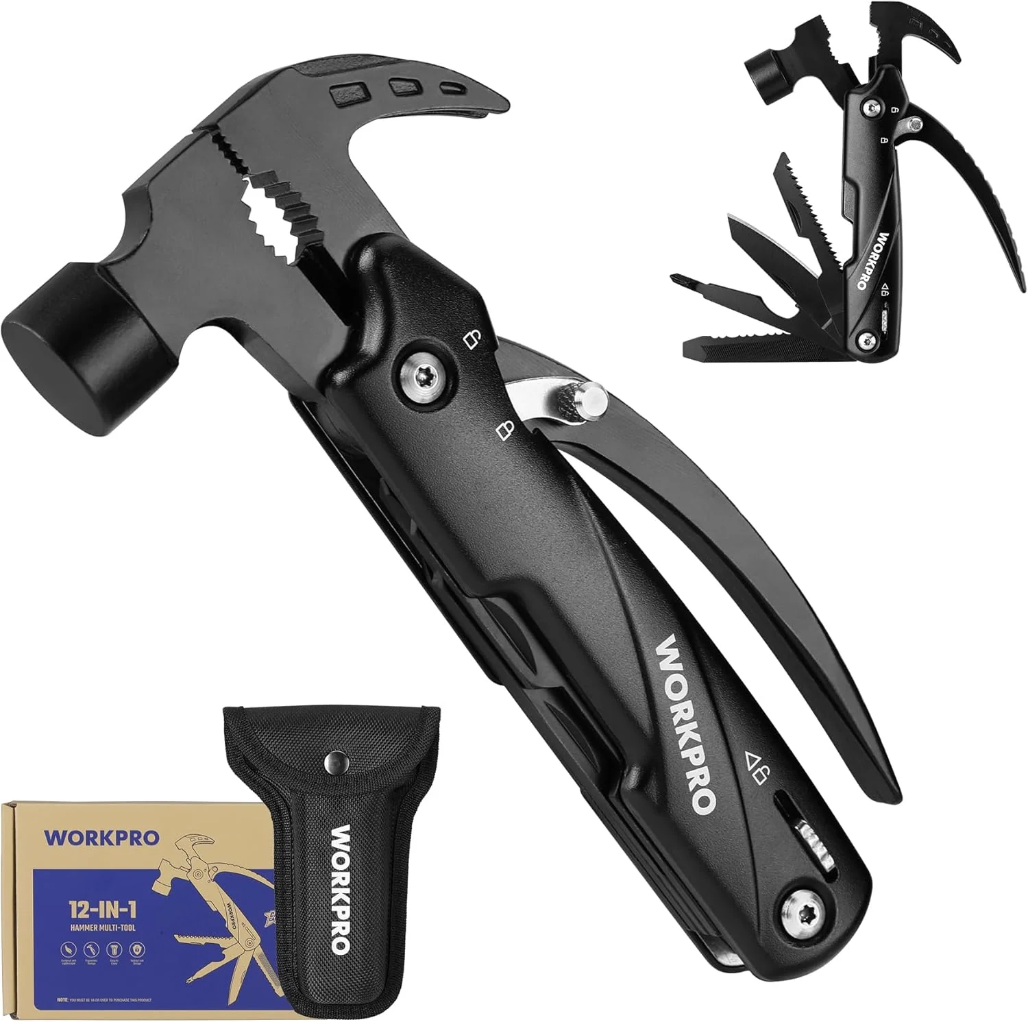 WORKPRO Multitool-12 in 1 Camping Tools with Mini Hammer-EDC Gear Multi Tools Hammer with Safety Lock and Pouch-Mini Multitools Gifts for Men and Women - Image 8