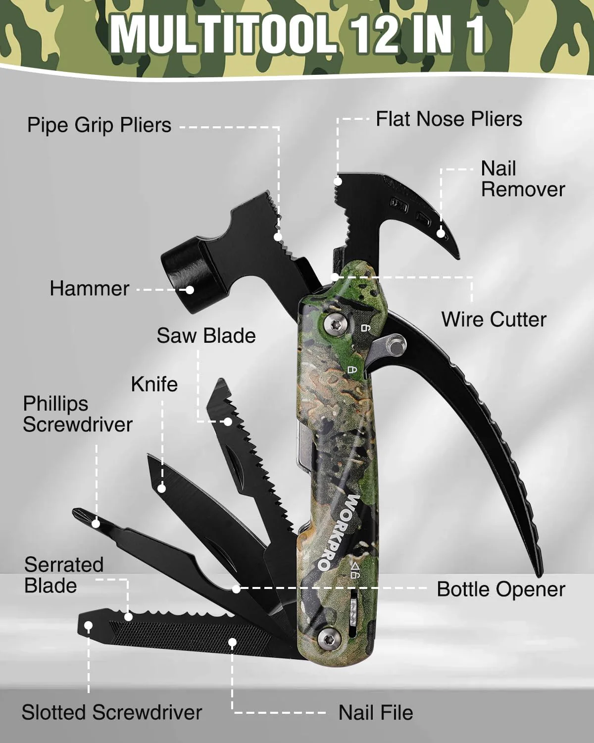 WORKPRO Multitool-12 in 1 Camping Tools with Mini Hammer-EDC Gear Multi Tools Hammer with Safety Lock and Pouch-Mini Multitools Gifts for Men and Women-Camouflage - Image 2