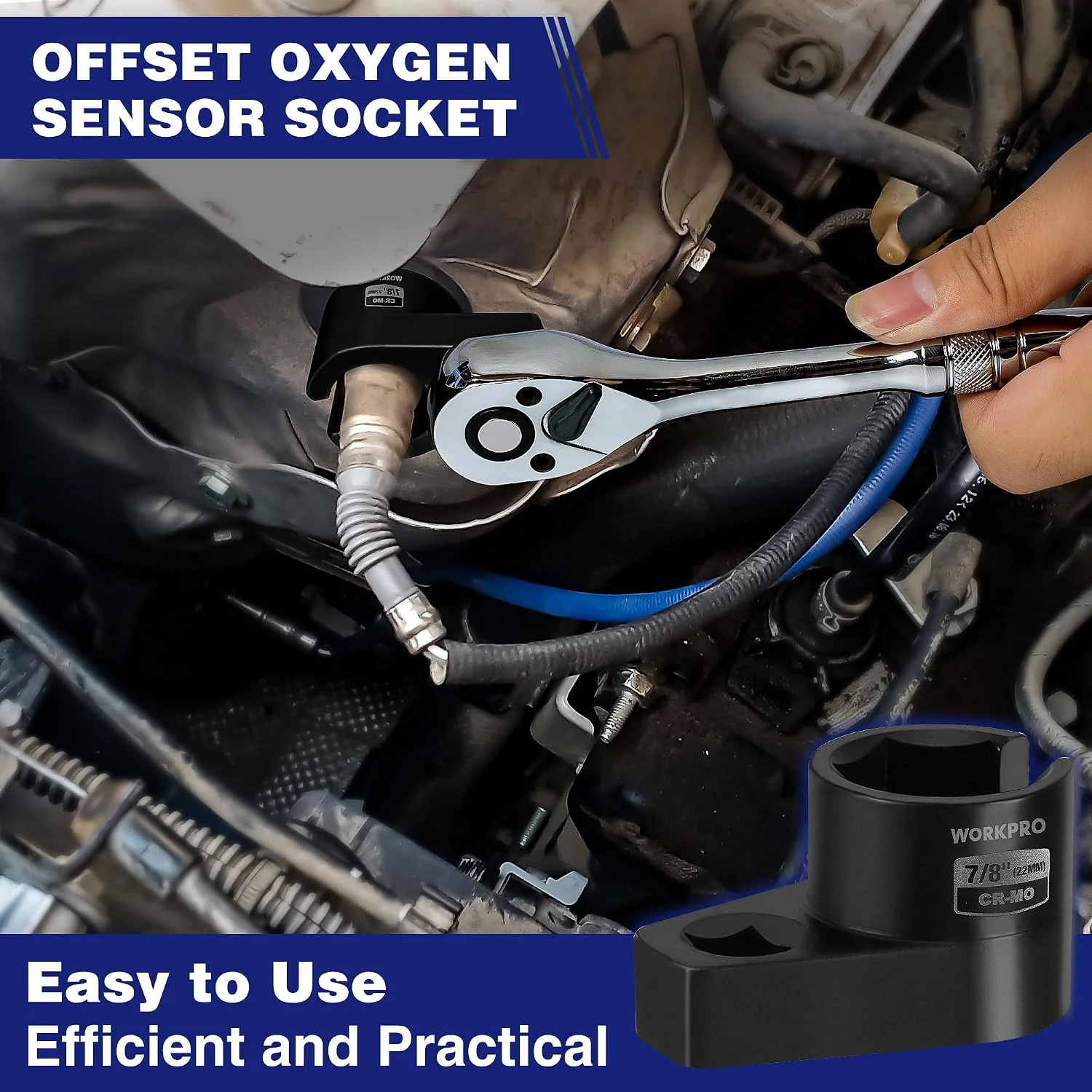 WORKPRO O2 Oxygen Sensor Socket 3/8” Drive x 7/8” 22mm | Offset Oxygen Sensor Removal Tool Wrench, 6-Point O2 Sensor Tool with Wire Gate - Image 4