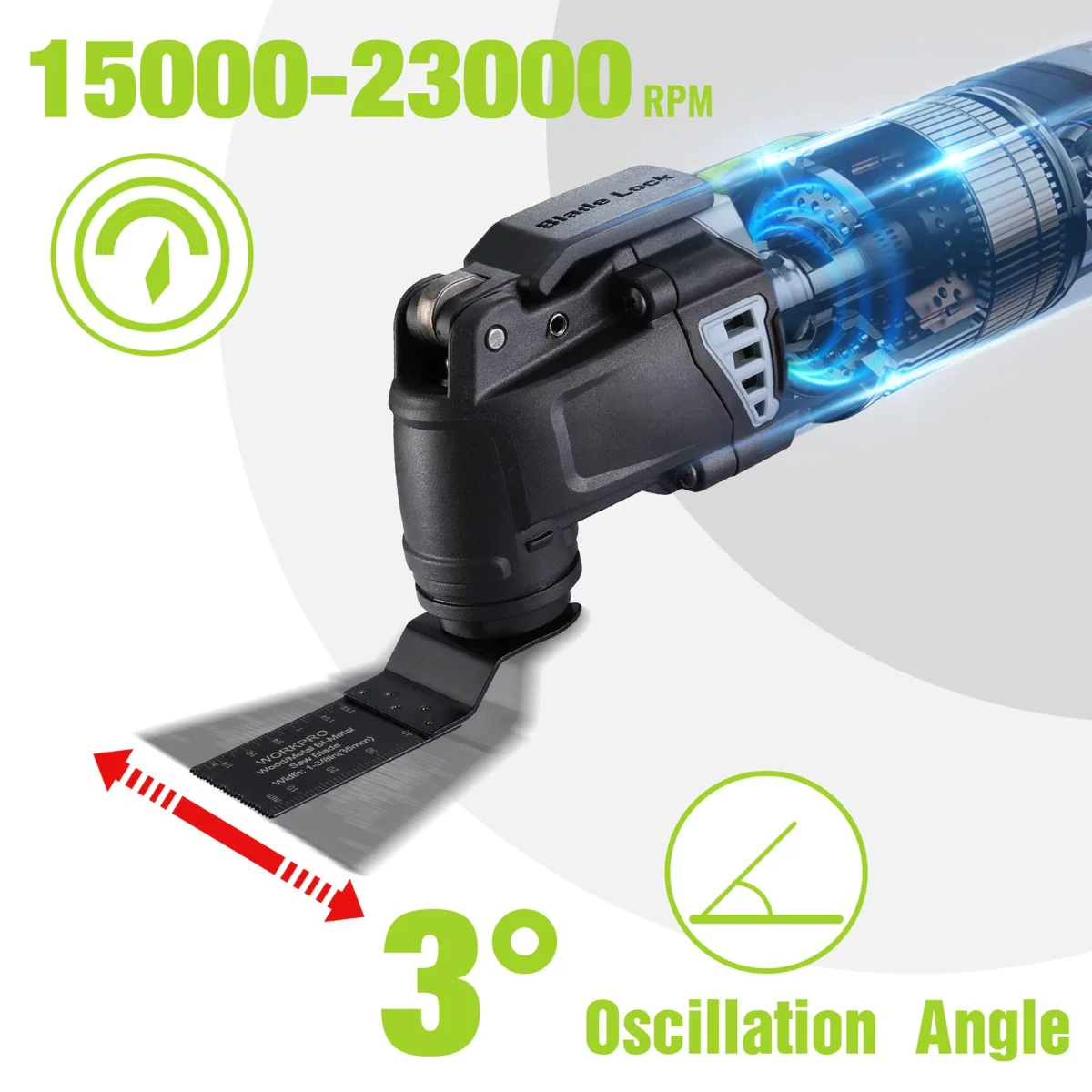 WORKPRO 3.0 Amp Corded Quick-Lock Replaceable Oscillating Saw with 7 Variable Speed 3° Oscillation Angle, 17pcs Saw Accessories, and Carrying Bag - Image 4