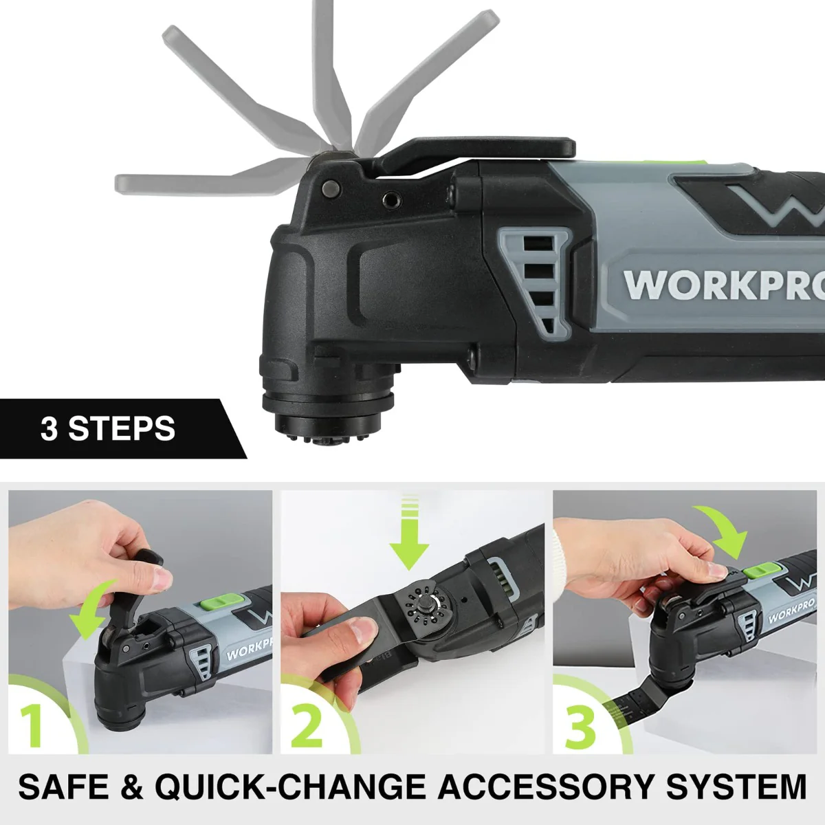 WORKPRO 3.0 Amp Corded Quick-Lock Replaceable Oscillating Saw with 7 Variable Speed 3° Oscillation Angle, 17pcs Saw Accessories, and Carrying Bag - Image 6