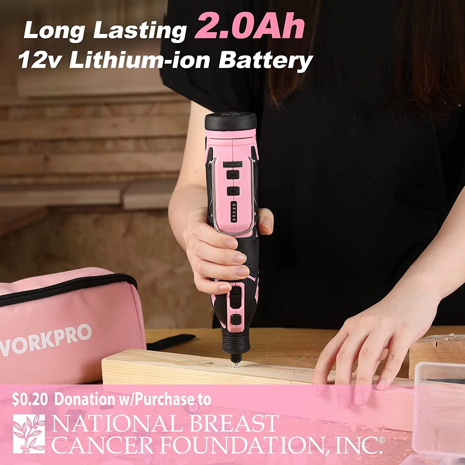 WORKPRO Pink 12V Cordless Rotary Tool Kit, 5 Variable Speeds, 114 Easy Change Accessories - Pink Ribbon - Image 2