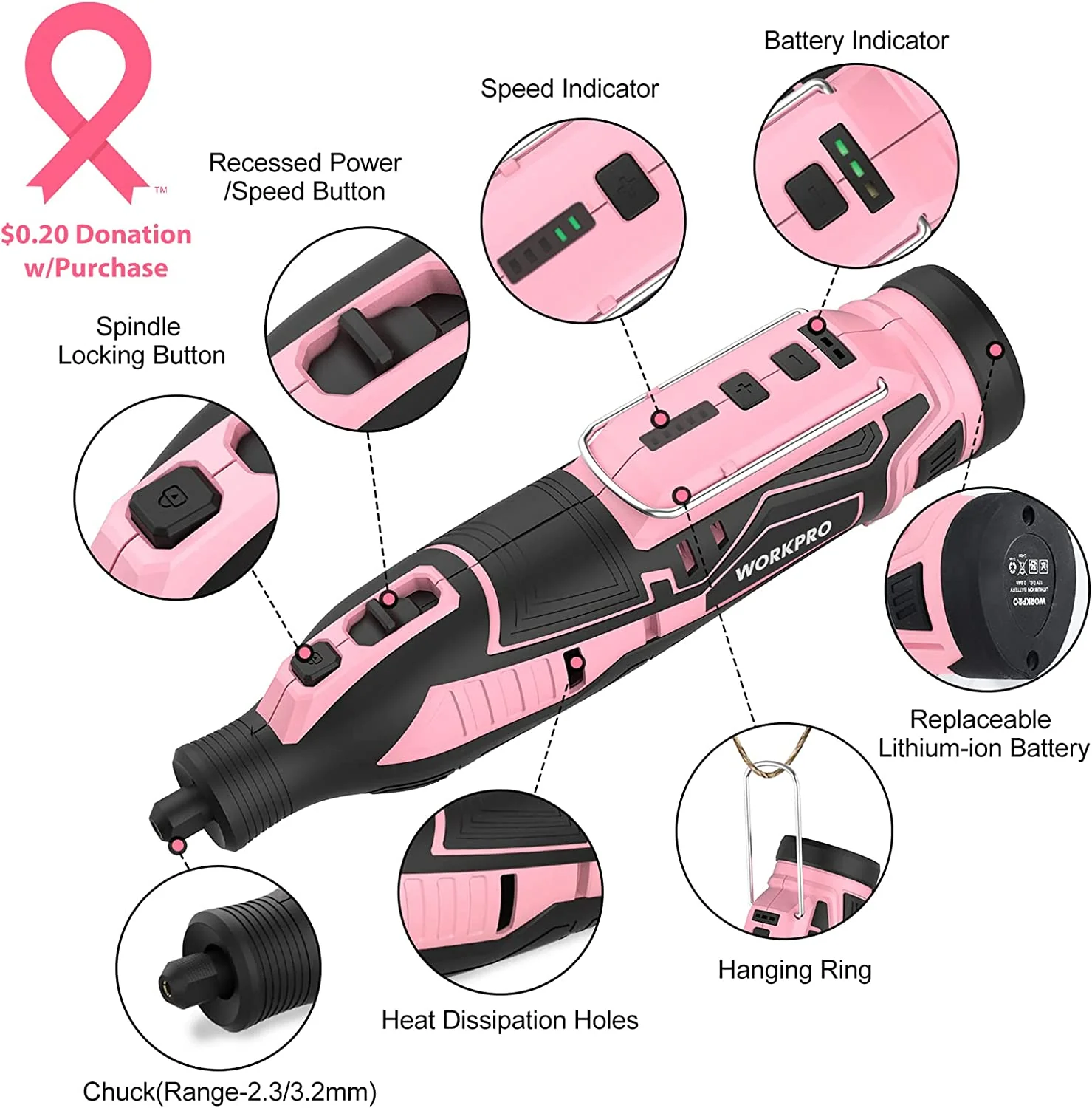 WORKPRO Pink 12V Cordless Rotary Tool Kit, 5 Variable Speeds, 114 Easy Change Accessories - Pink Ribbon - Image 3