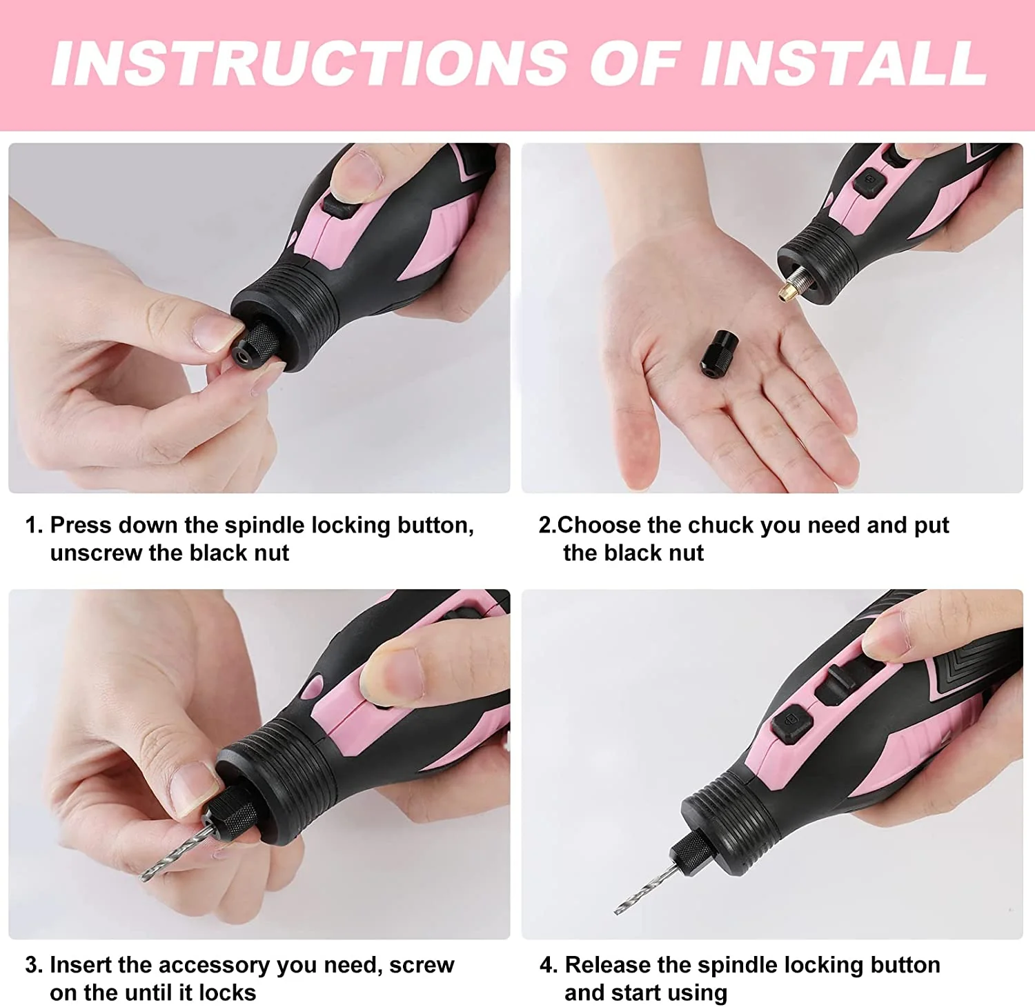 WORKPRO Pink 12V Cordless Rotary Tool Kit, 5 Variable Speeds, 114 Easy Change Accessories - Pink Ribbon - Image 5