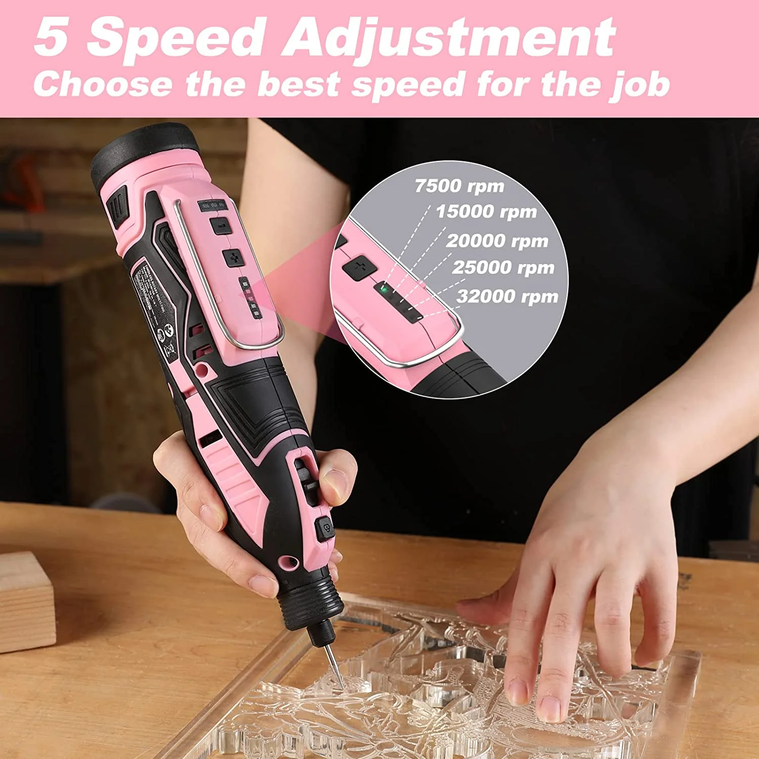 WORKPRO Pink 12V Cordless Rotary Tool Kit, 5 Variable Speeds, 114 Easy Change Accessories - Pink Ribbon - Image 6
