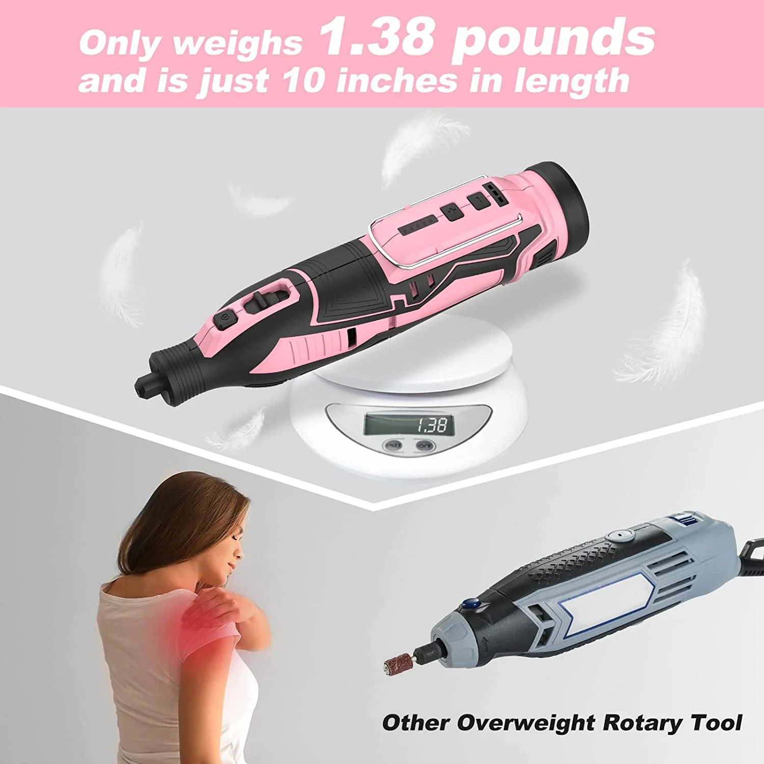 WORKPRO Pink 12V Cordless Rotary Tool Kit, 5 Variable Speeds, 114 Easy Change Accessories - Pink Ribbon - Image 7