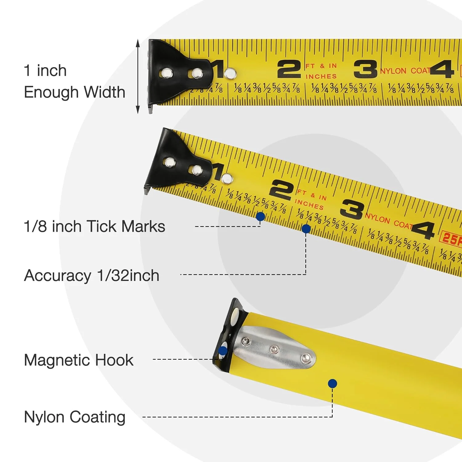 WORKPRO Pink Auto-Lock Tape Measure, 25FT 1/8 Fractions Easy Read Measuring Tape, Double Retract Measurement Tape Accuracy 1/32 for Engineer,with Magnetic Hook, Rubber Protective Casing - Pink Ribbon - Image 5