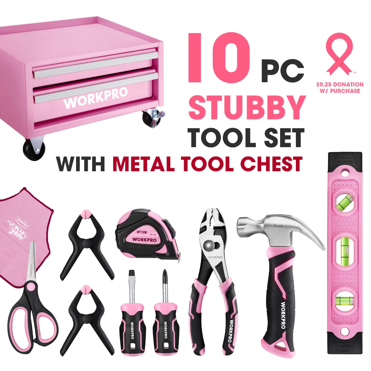 WORKPRO Beginner Kids Tool Set with 12 Inch Steel Tool Case on Wheels - Pink Ribbon - Image 5