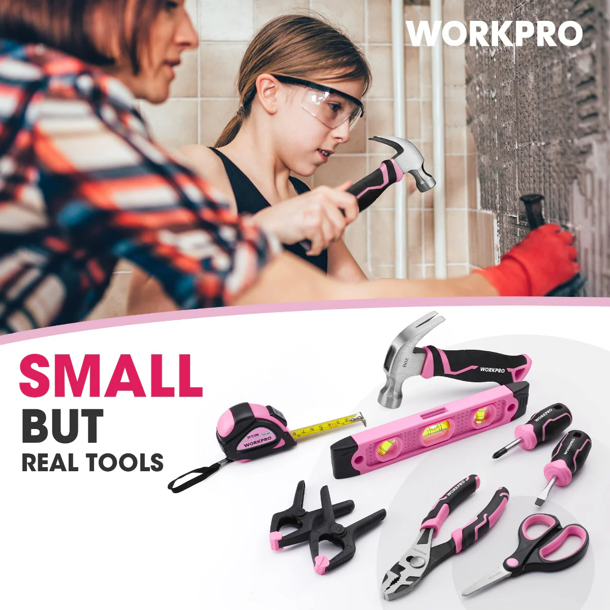 WORKPRO Beginner Kids Tool Set with 12 Inch Steel Tool Case on Wheels - Pink Ribbon - Image 6
