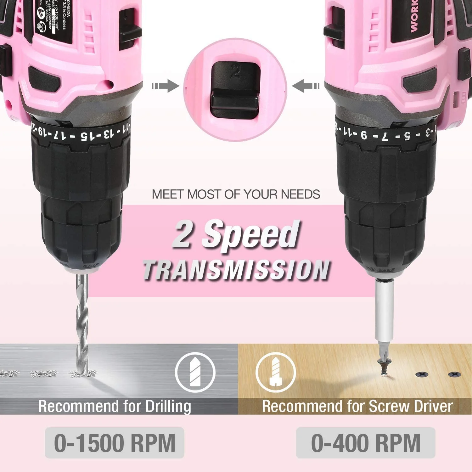 WORKPRO Pink Cordless 20V Lithium-ion Drill Driver Set - Pink Ribbon - Image 4