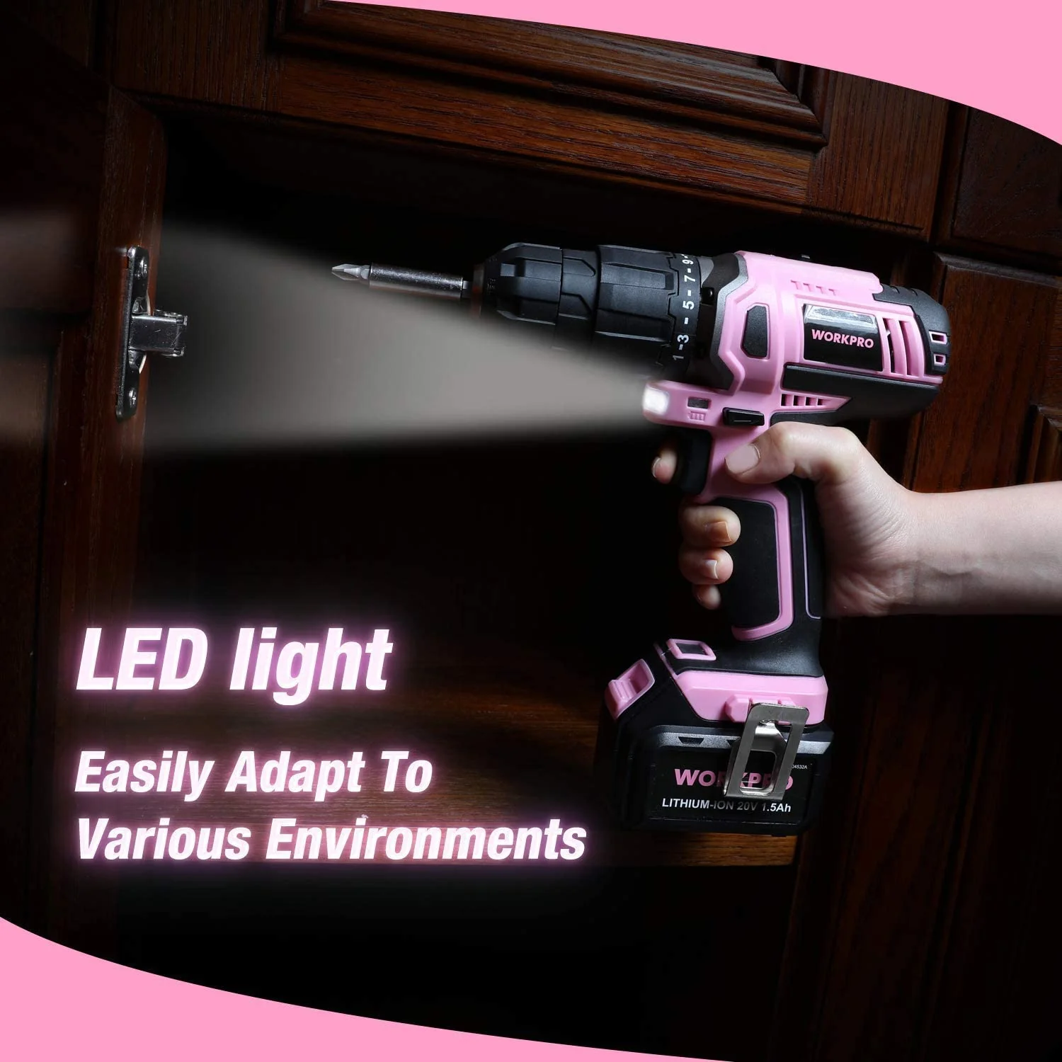 WORKPRO Pink Cordless 20V Lithium-ion Drill Driver Set - Pink Ribbon - Image 6