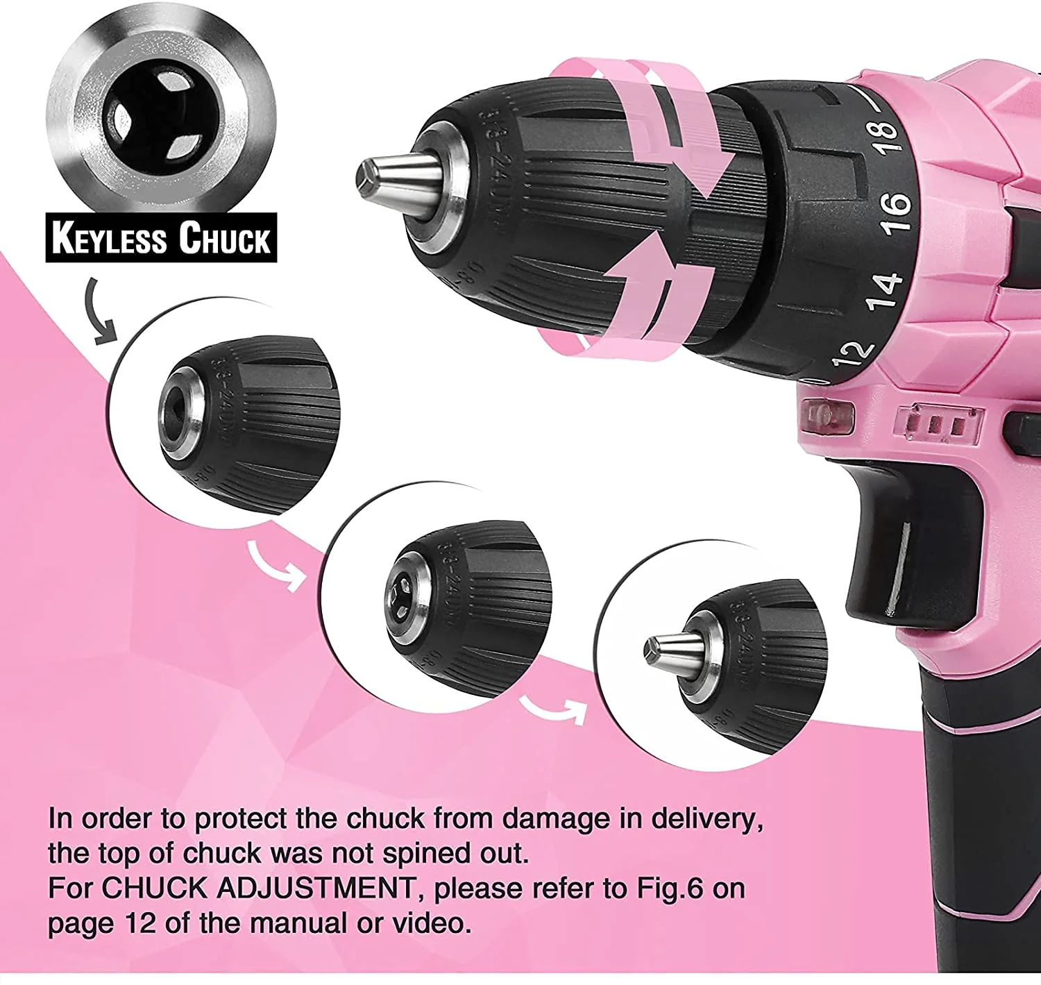 WORKPRO Cordless Drill Driver Set 12V Electric Screwdriver Driver Tool Kit for Women - Pink Ribbon - Image 3
