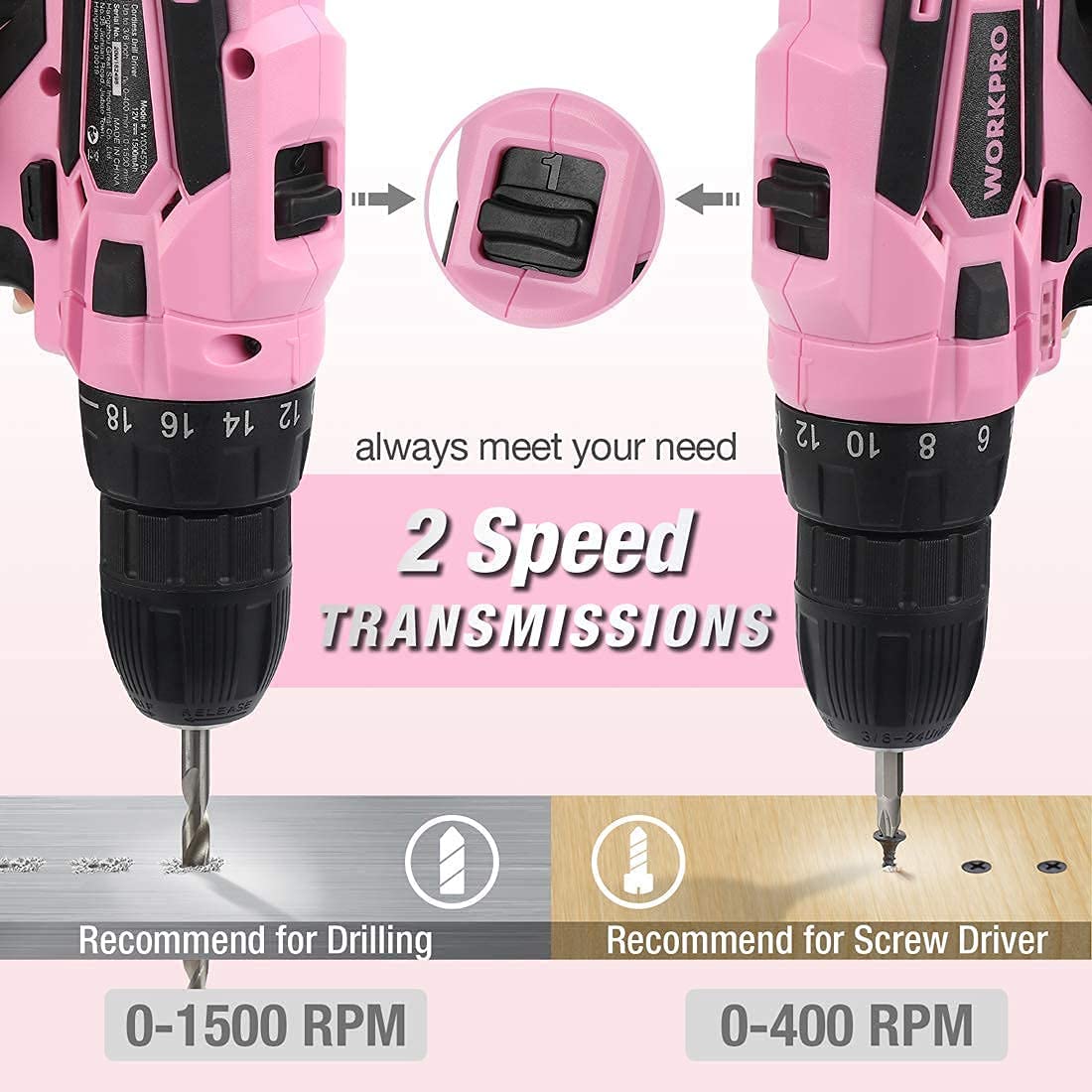 WORKPRO Cordless Drill Driver Set 12V Electric Screwdriver Driver Tool Kit for Women - Pink Ribbon - Image 4