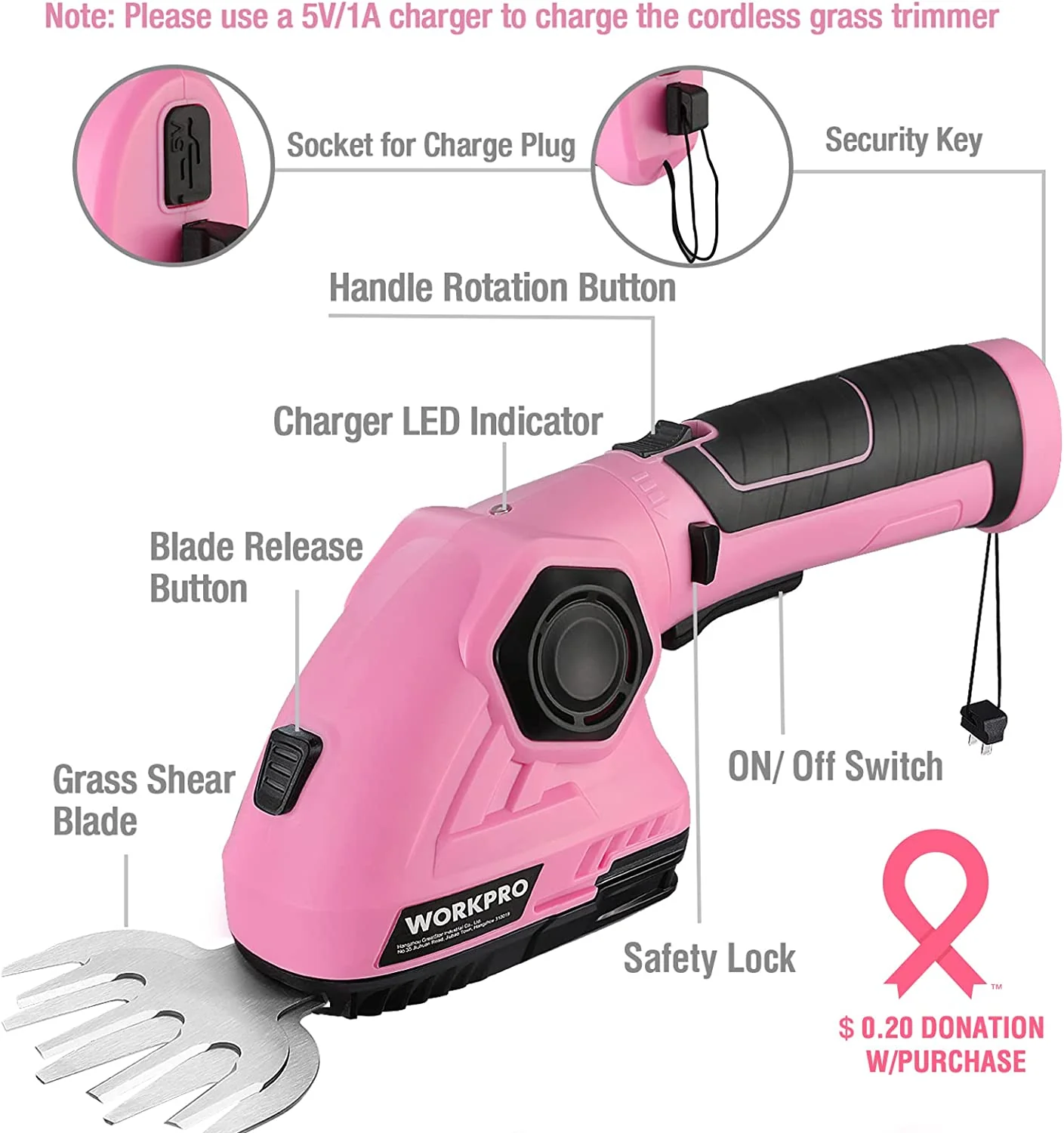 WORKPRO Pink 2 in 1 Handheld Hedge Trimmer 7.2V Electric Grass Trimmer/Hedge Shears - Pink Ribbon - Image 3