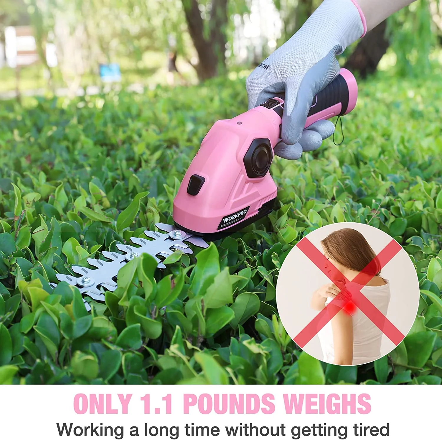 WORKPRO Pink 2 in 1 Handheld Hedge Trimmer 7.2V Electric Grass Trimmer/Hedge Shears - Pink Ribbon - Image 4
