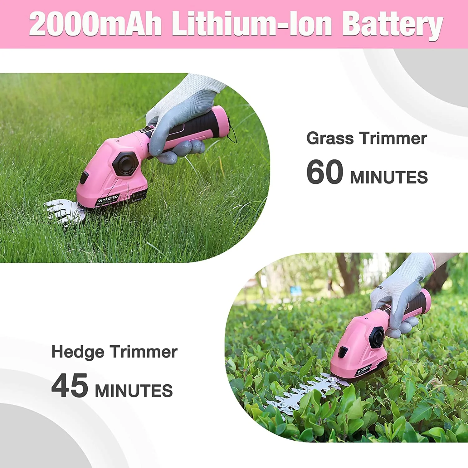 WORKPRO Pink 2 in 1 Handheld Hedge Trimmer 7.2V Electric Grass Trimmer/Hedge Shears - Pink Ribbon - Image 5