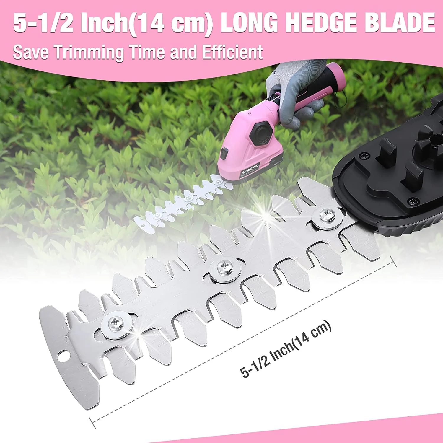 WORKPRO Pink 2 in 1 Handheld Hedge Trimmer 7.2V Electric Grass Trimmer/Hedge Shears - Pink Ribbon - Image 6