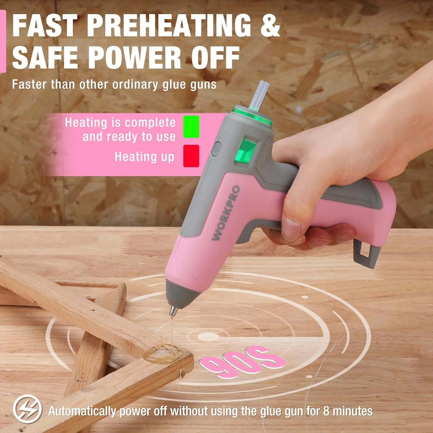 WORKPRO Pink Cordless Mini Hot Glue Gun, Energy Saving Rechargeable Fast Heating Glue Gun Kit with 20 Pcs Mini Glue Sticks, Automatic-Safety-Power-Off Glue Gun for Decoration, Art - Pink Ribbon - Image 4